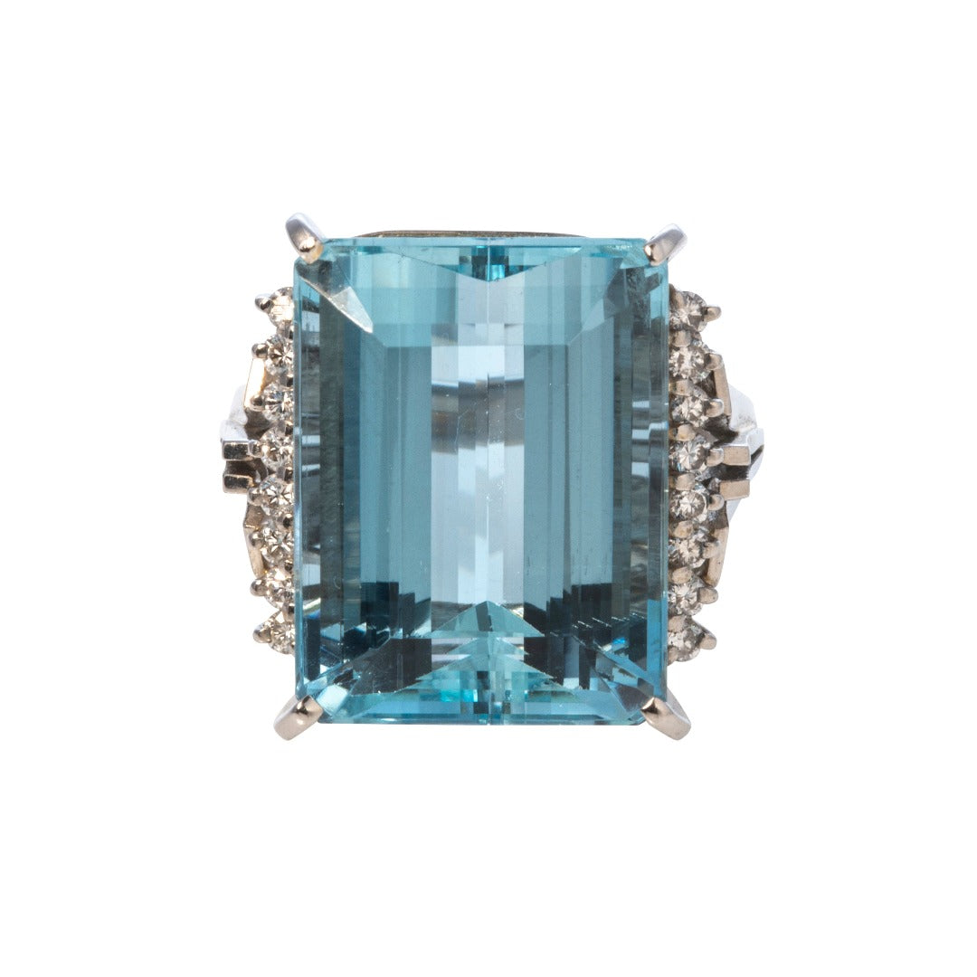 Estate 16ct Emerald Cut Aquamarine & Diamond Platinum Ring