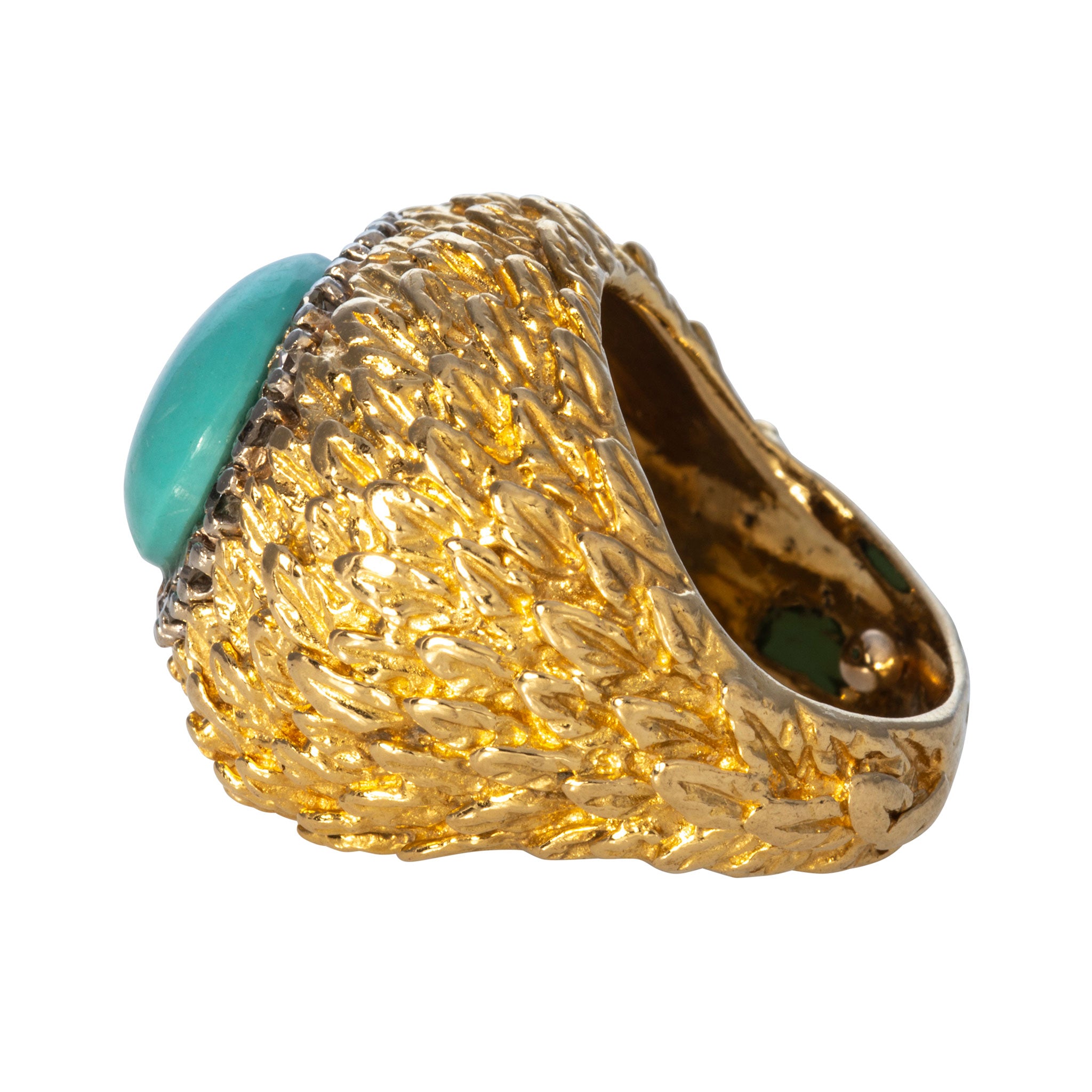 Vintage Turquoise Cabochon & Diamond 18K Gold Cocktail Ring