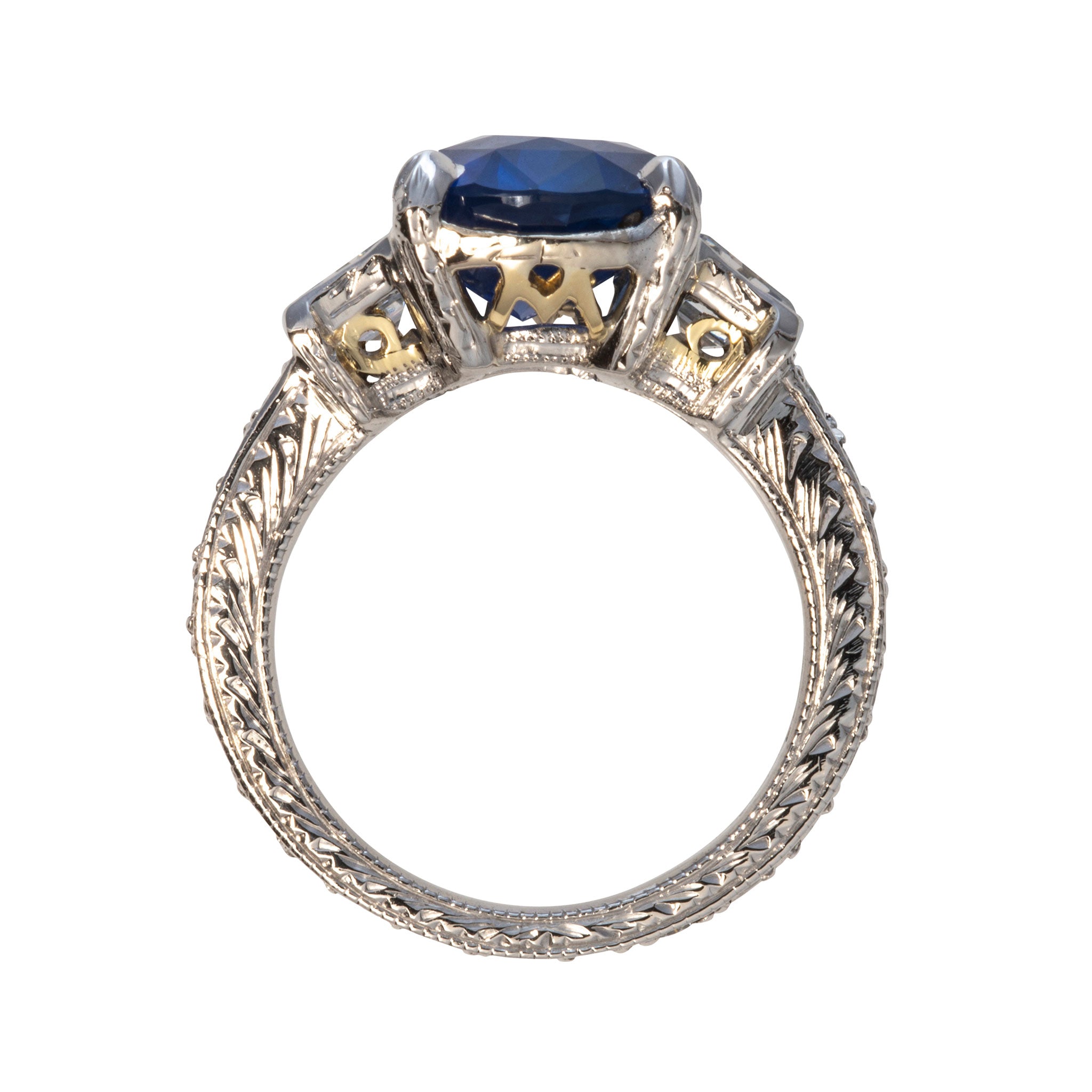 Estate 5ct Oval Sapphire, Baguette & Round Diamond Platinum Ring