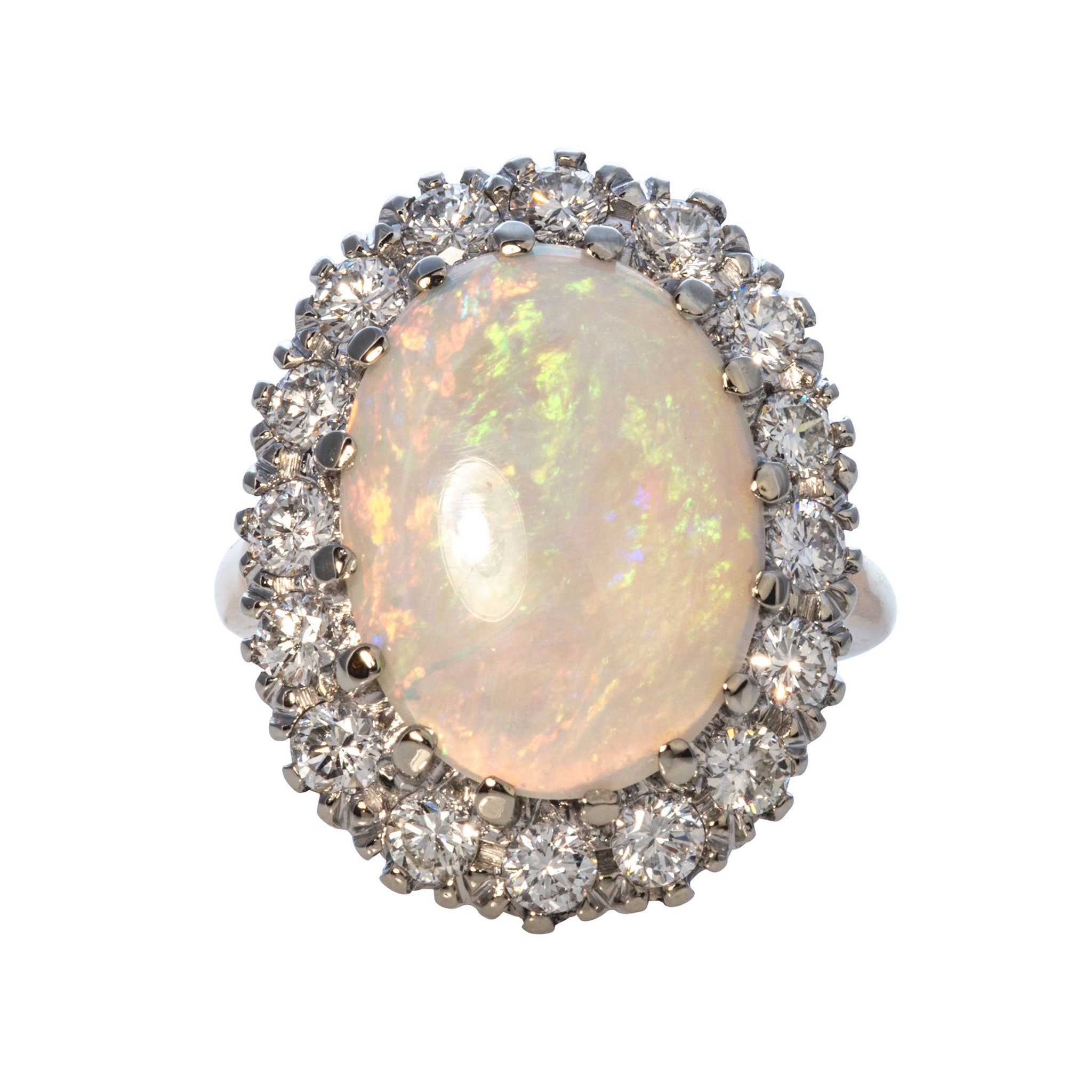 Estate Oval Opal Cabochon & Diamond Cluster 14K Gold Ring