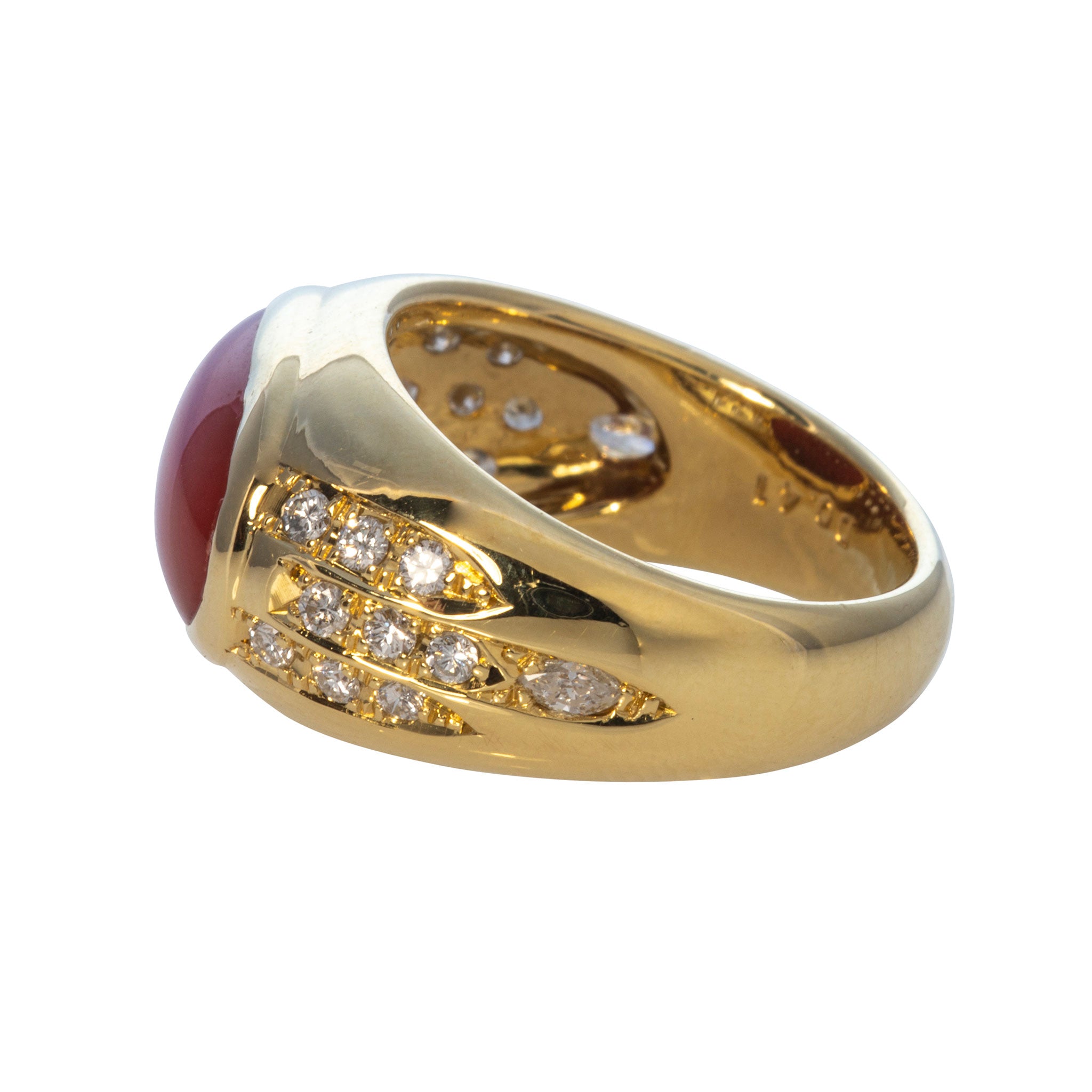 Estate Cabochon Coral & Diamond 18K Yellow Gold Ring