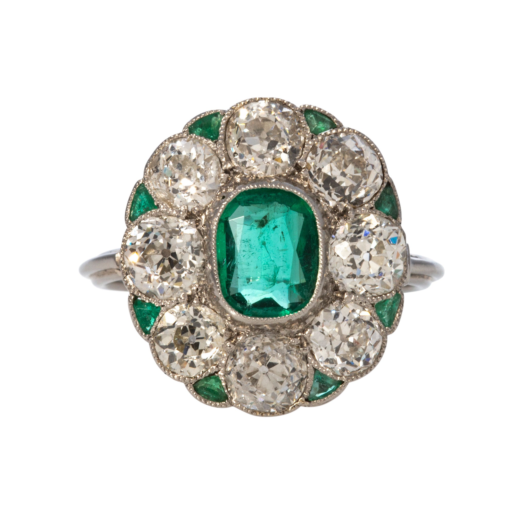 Art Deco Cushion Emerald & Old Mine Cut Diamond Cluster Platinum Ring