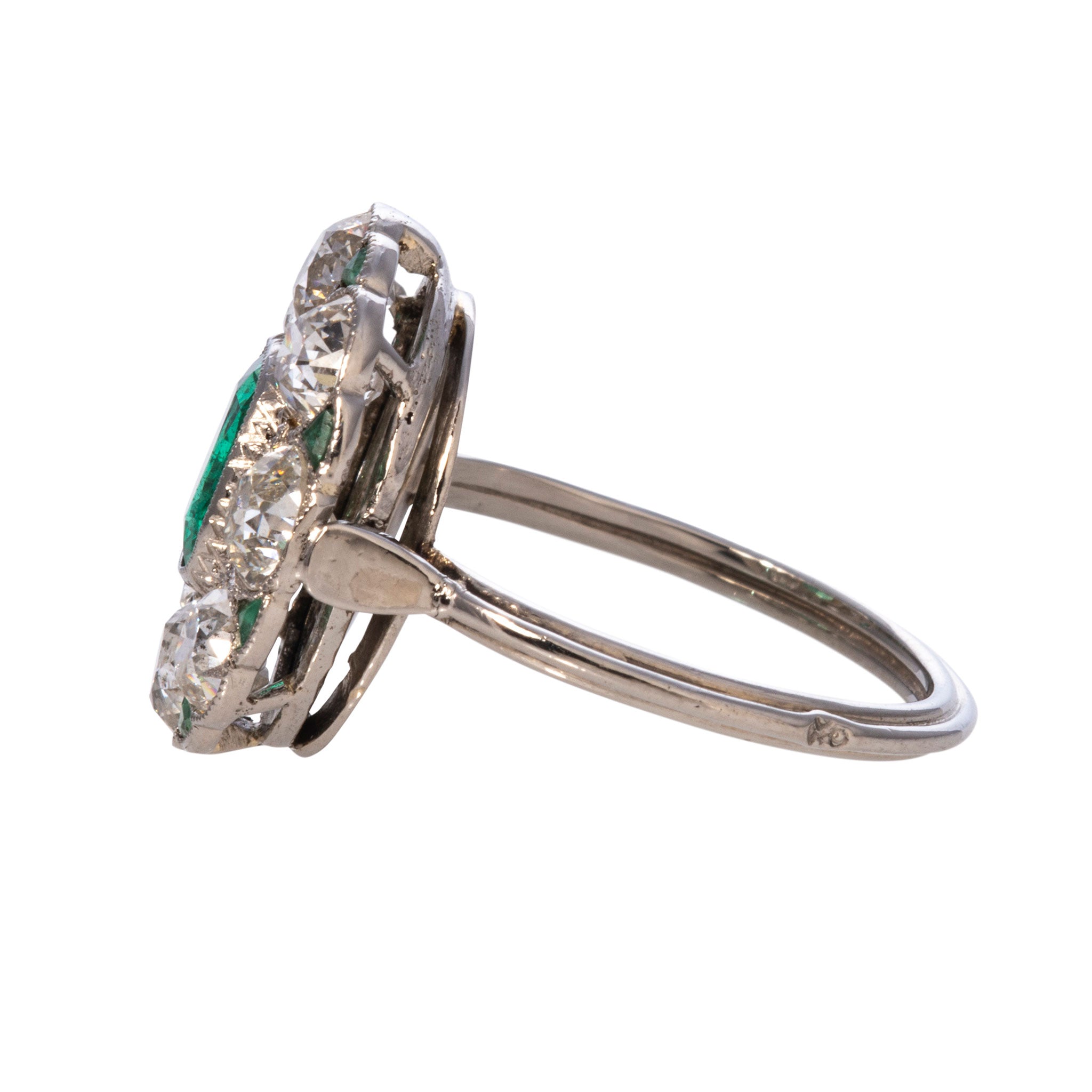 Art Deco Cushion Emerald & Old Mine Cut Diamond Cluster Platinum Ring