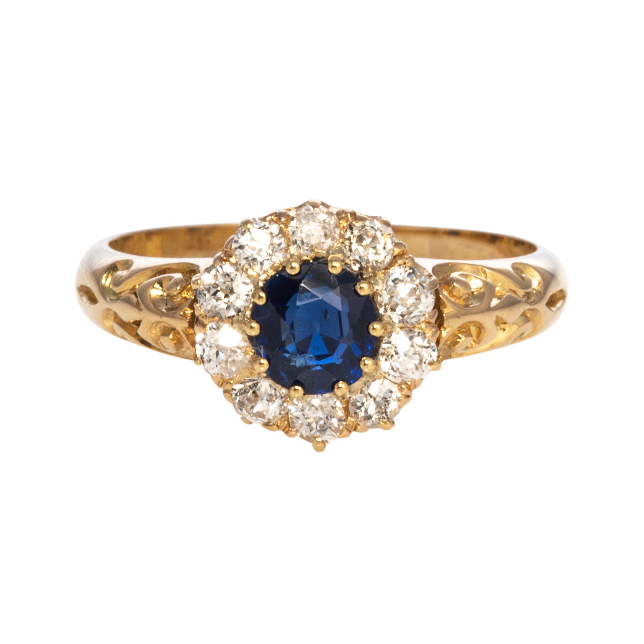 Victorian Sapphire & Diamond Cluster 18K Yellow Gold Ring