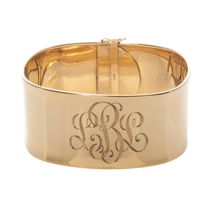 Extra Wide 14K Gold Cuff Bangle Hand Engraved Script Monogram