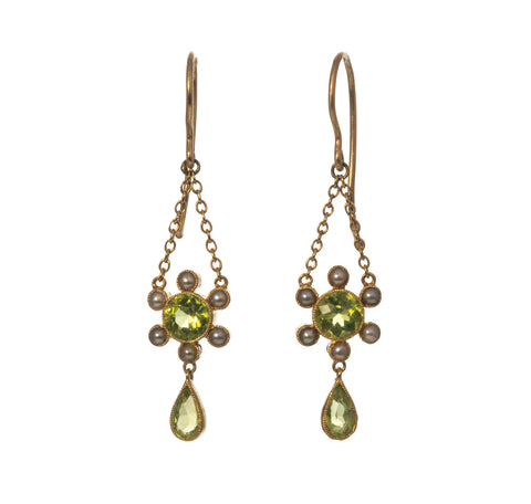 Victorian Peridot Pearl 15K Gold Drop Earrings