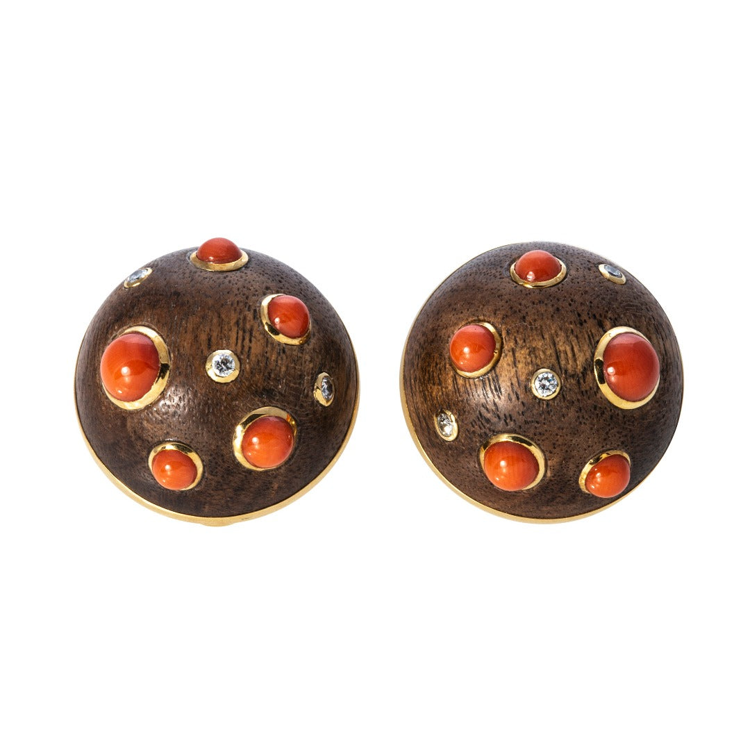 Estate Trianon Wood, Coral, & Diamond 18K Gold Earrings