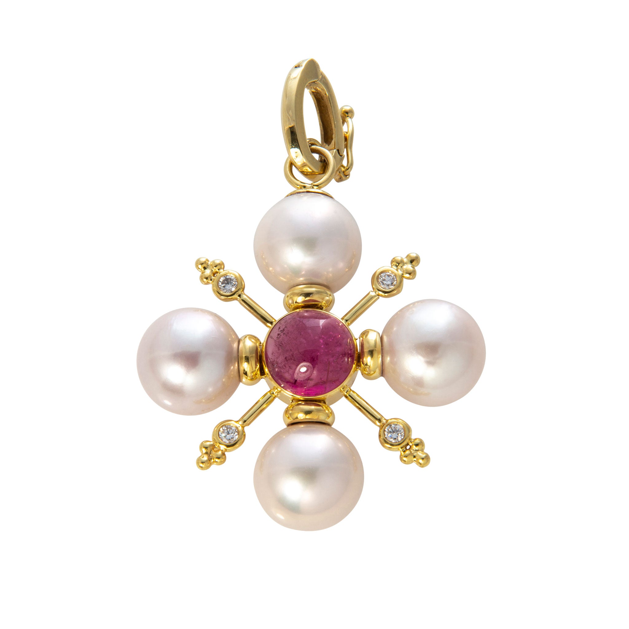 Mazza Pink Tourmaline, Diamond & Pearl 14K Gold Cross Pendant