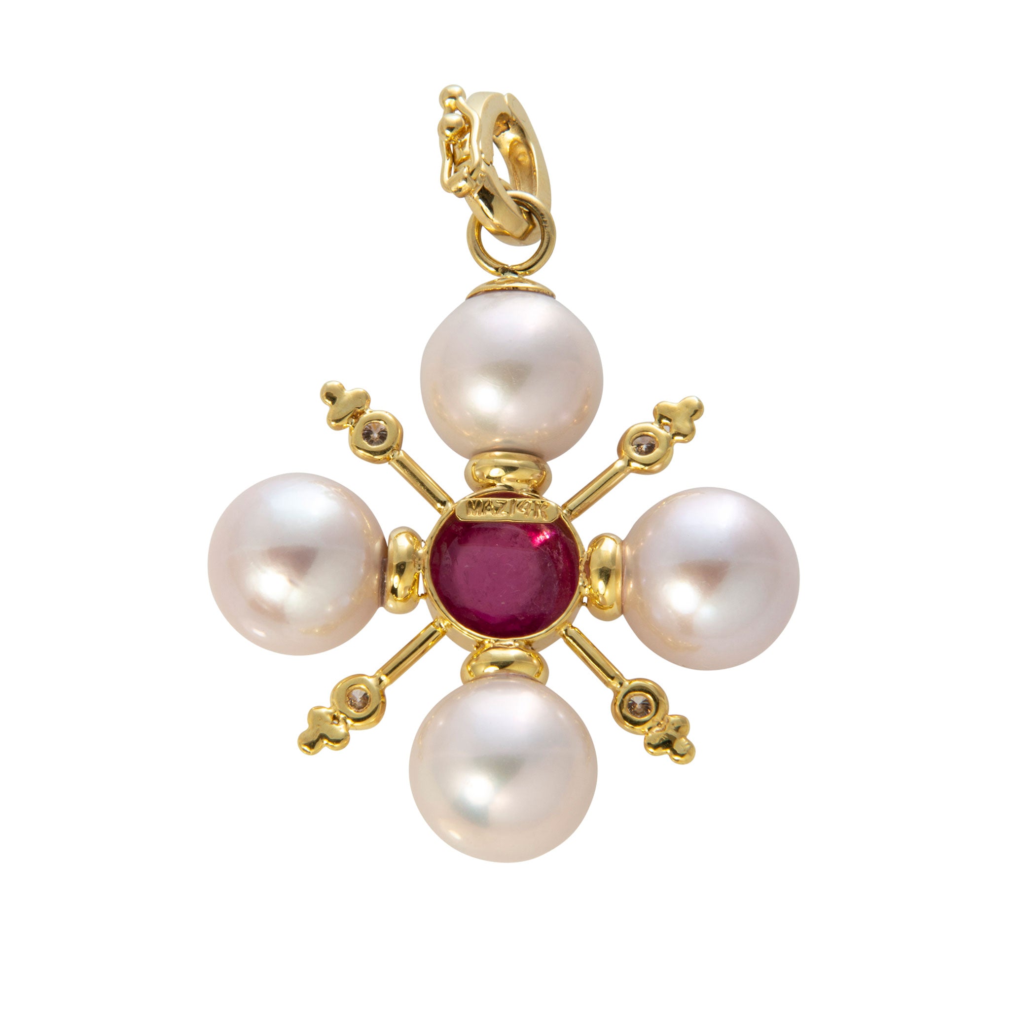 Mazza Pink Tourmaline, Diamond & Pearl 14K Gold Cross Pendant