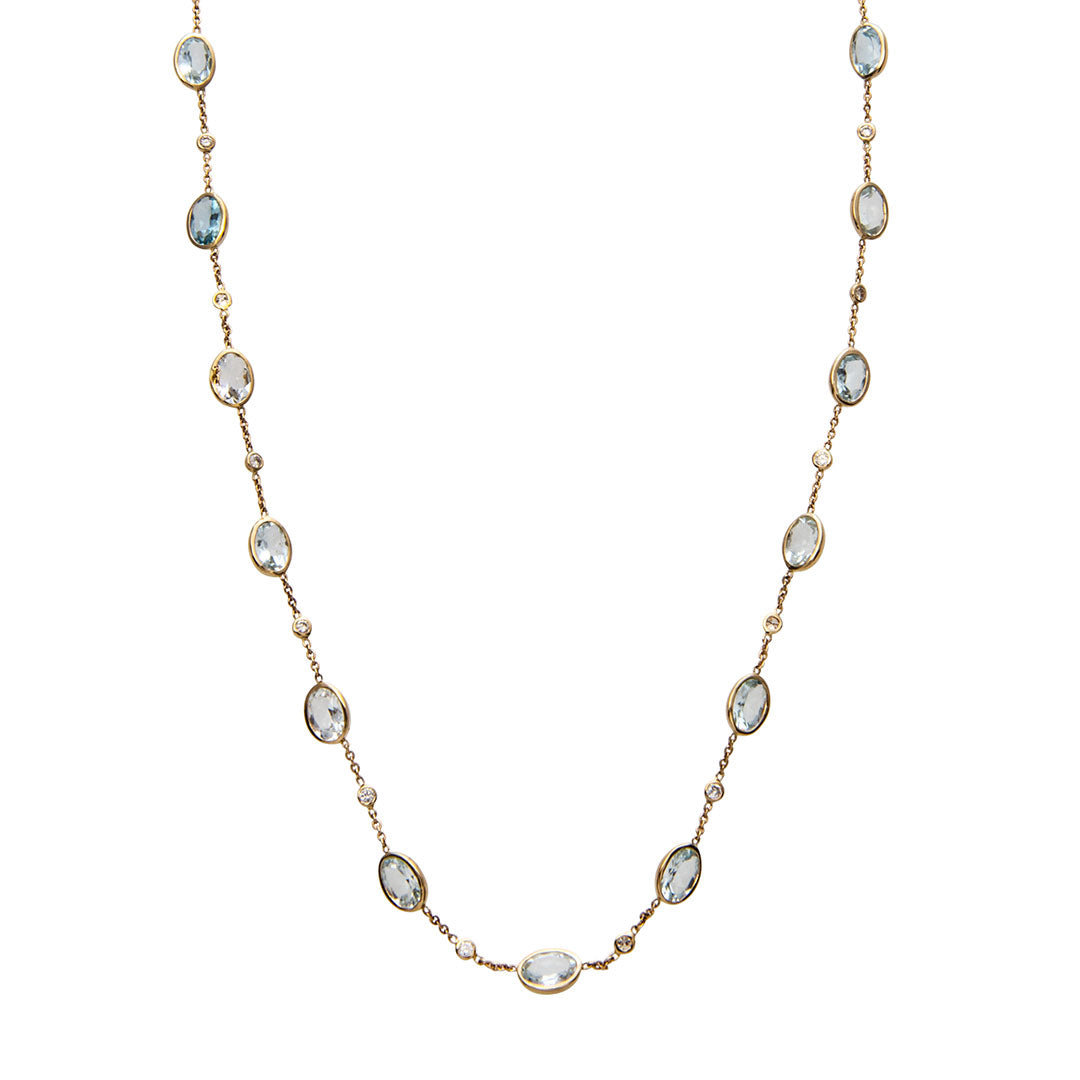 Aquamarine & Diamond Station 14K Yellow Gold Necklace