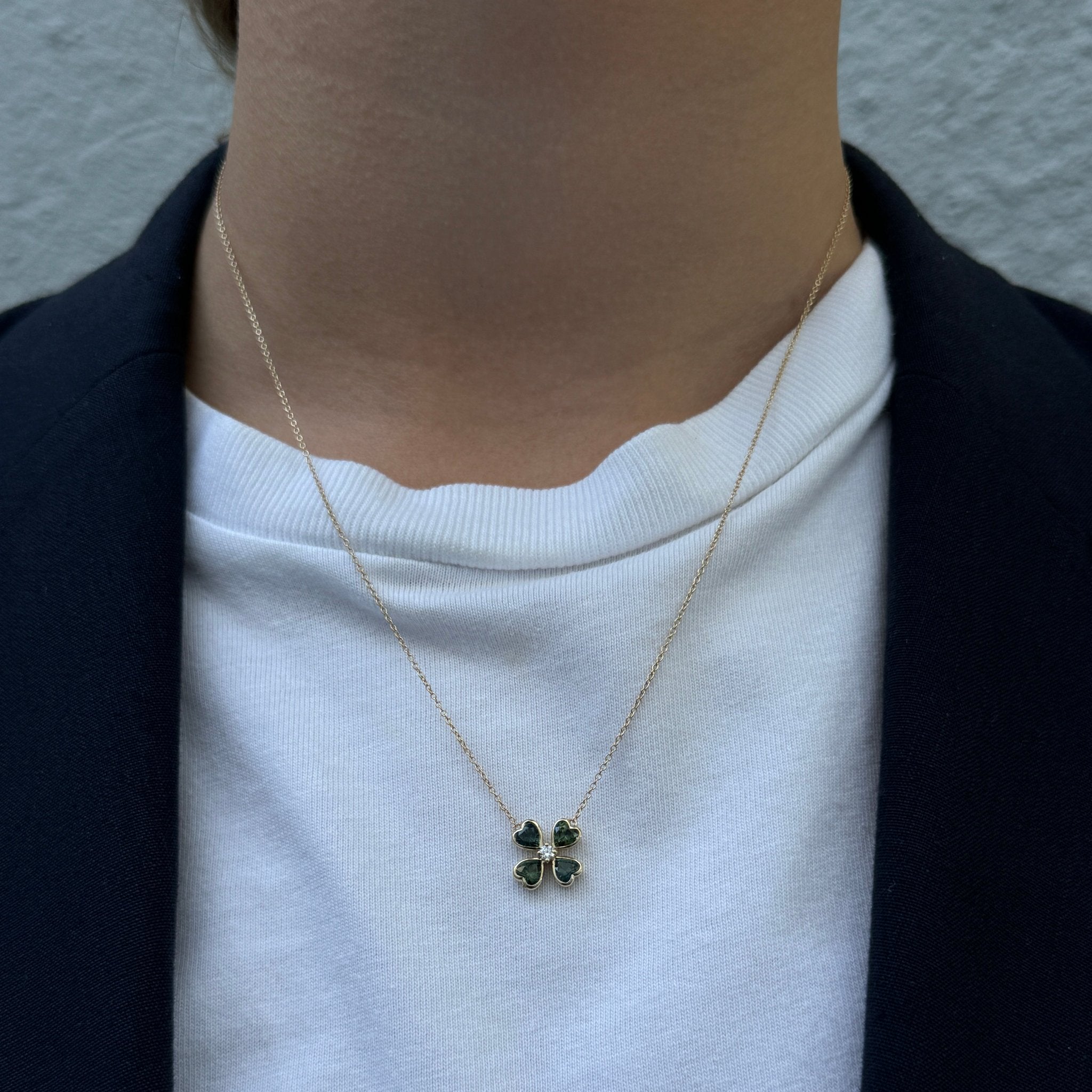 Green Sapphire & Diamond 14K Gold Four Leaf Clover Necklace