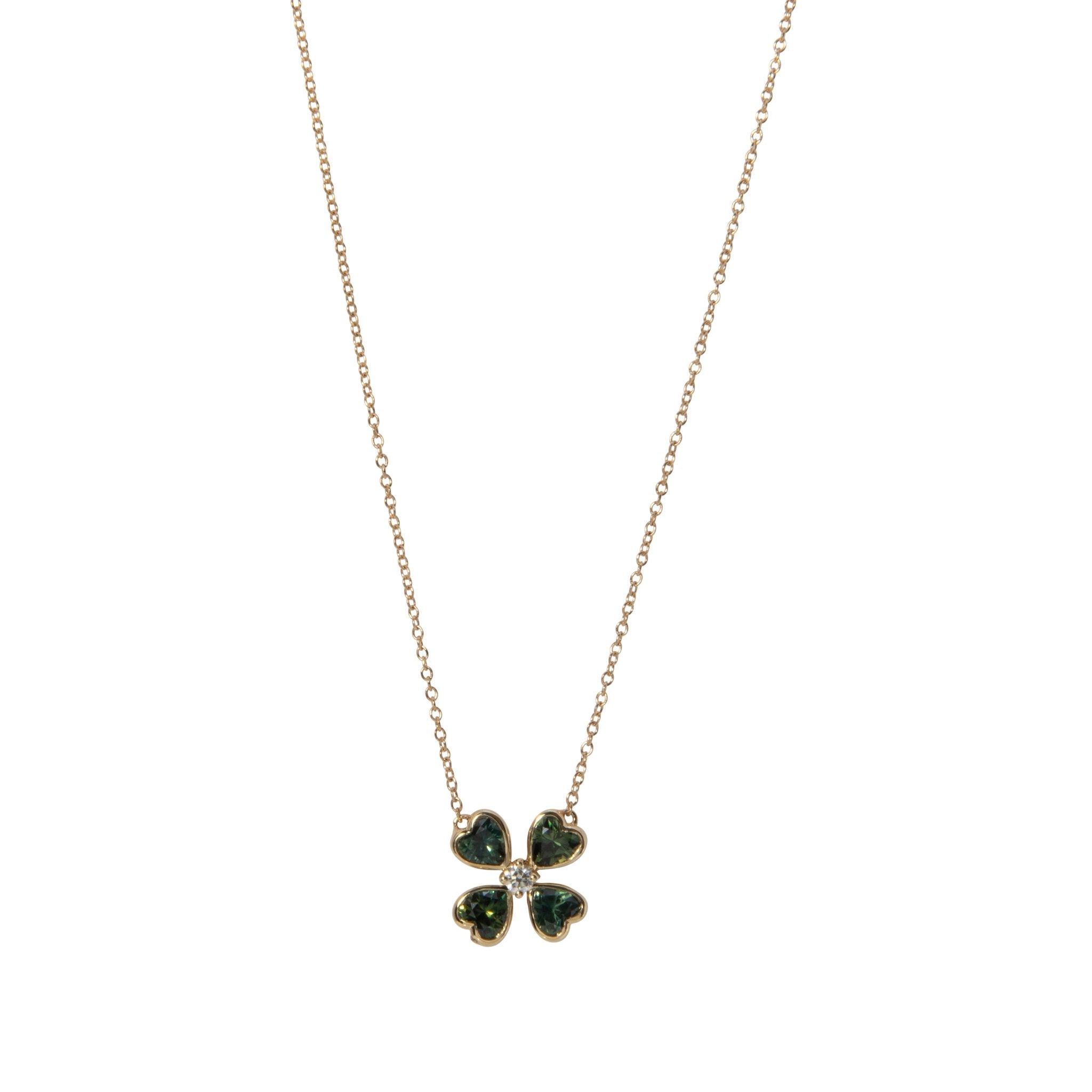 Green Sapphire & Diamond 14K Gold Four Leaf Clover Necklace