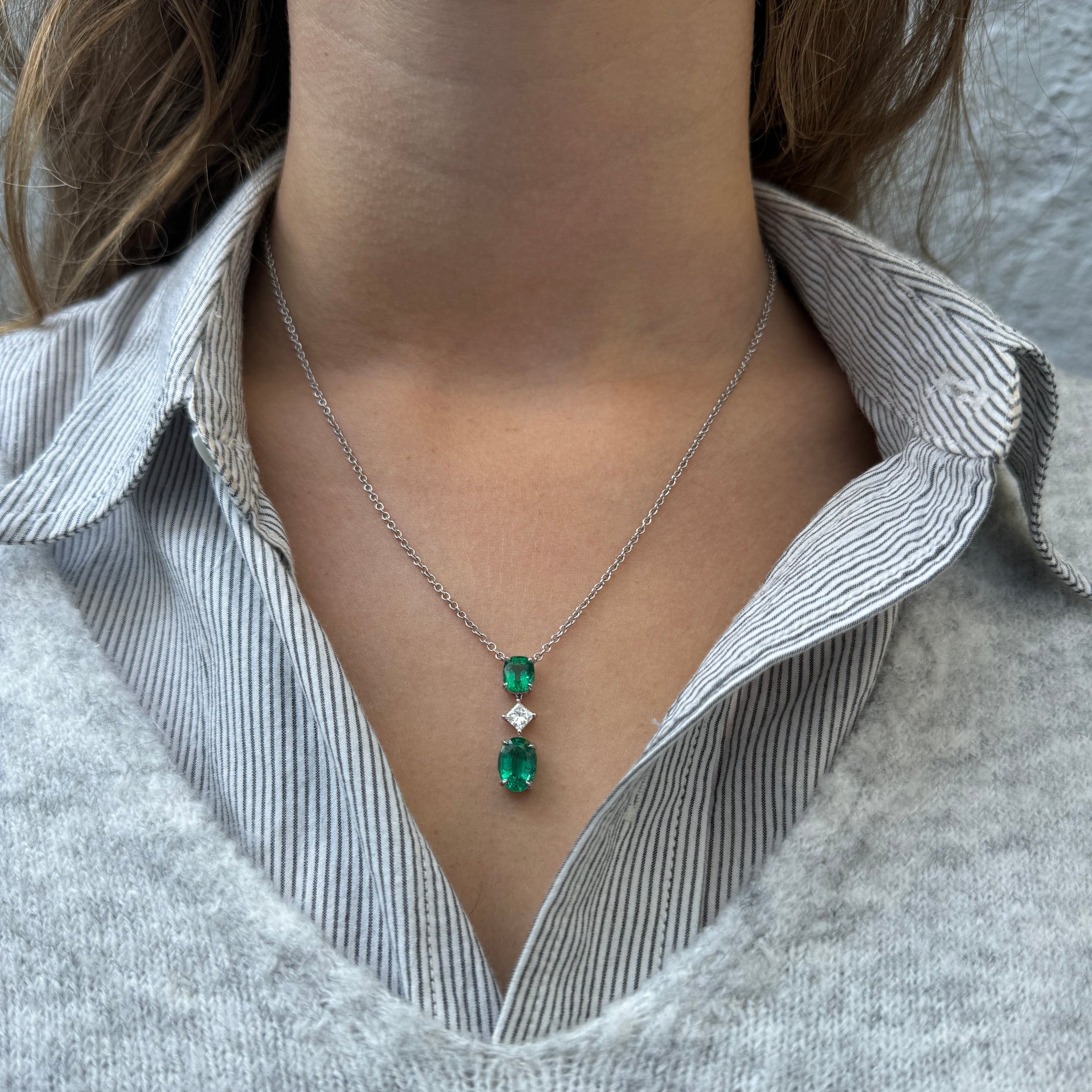 Emerald & Diamond Three-Stone 18K Gold Necklace