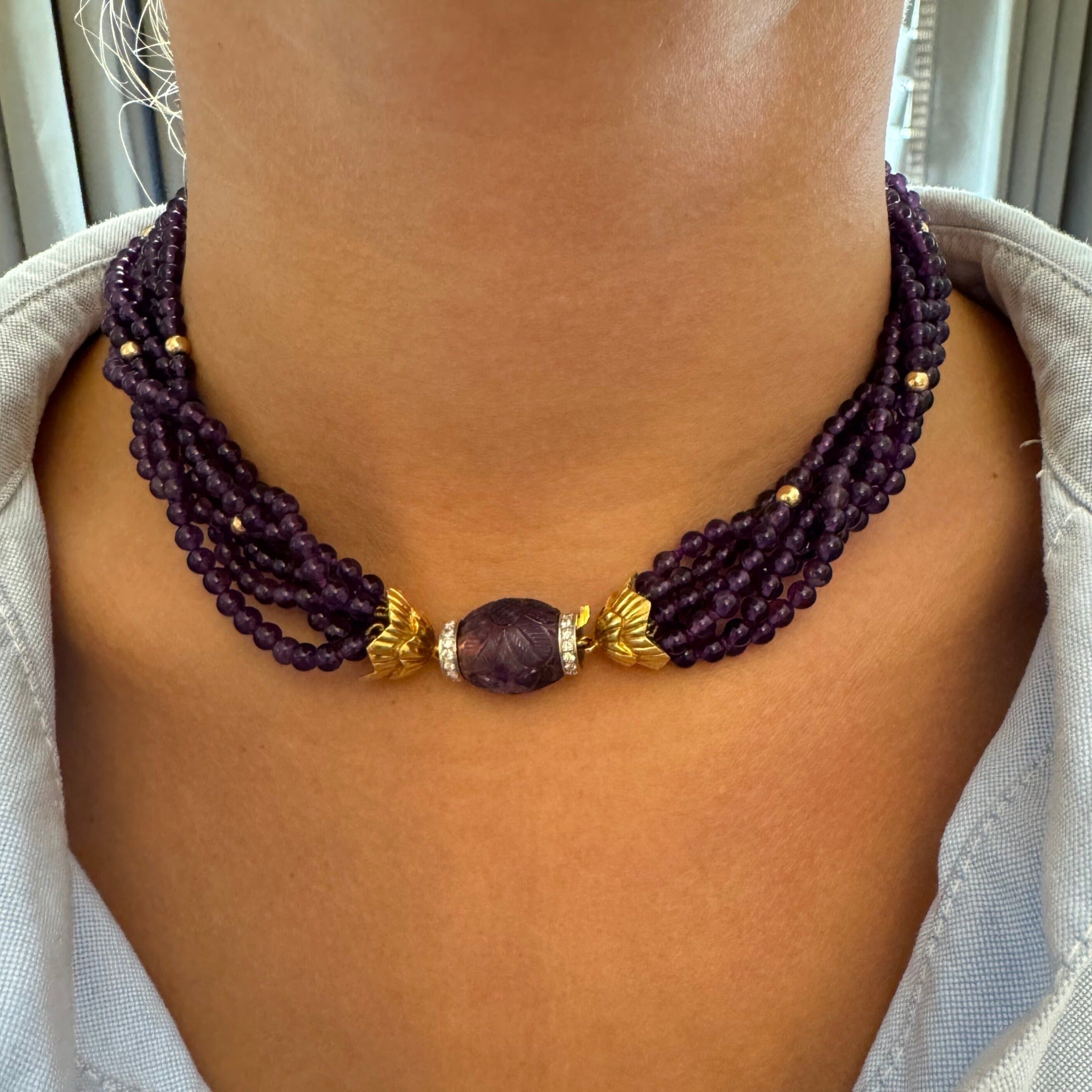 Estate 7-Strand Amethyst 18K Gold Beaded Necklace