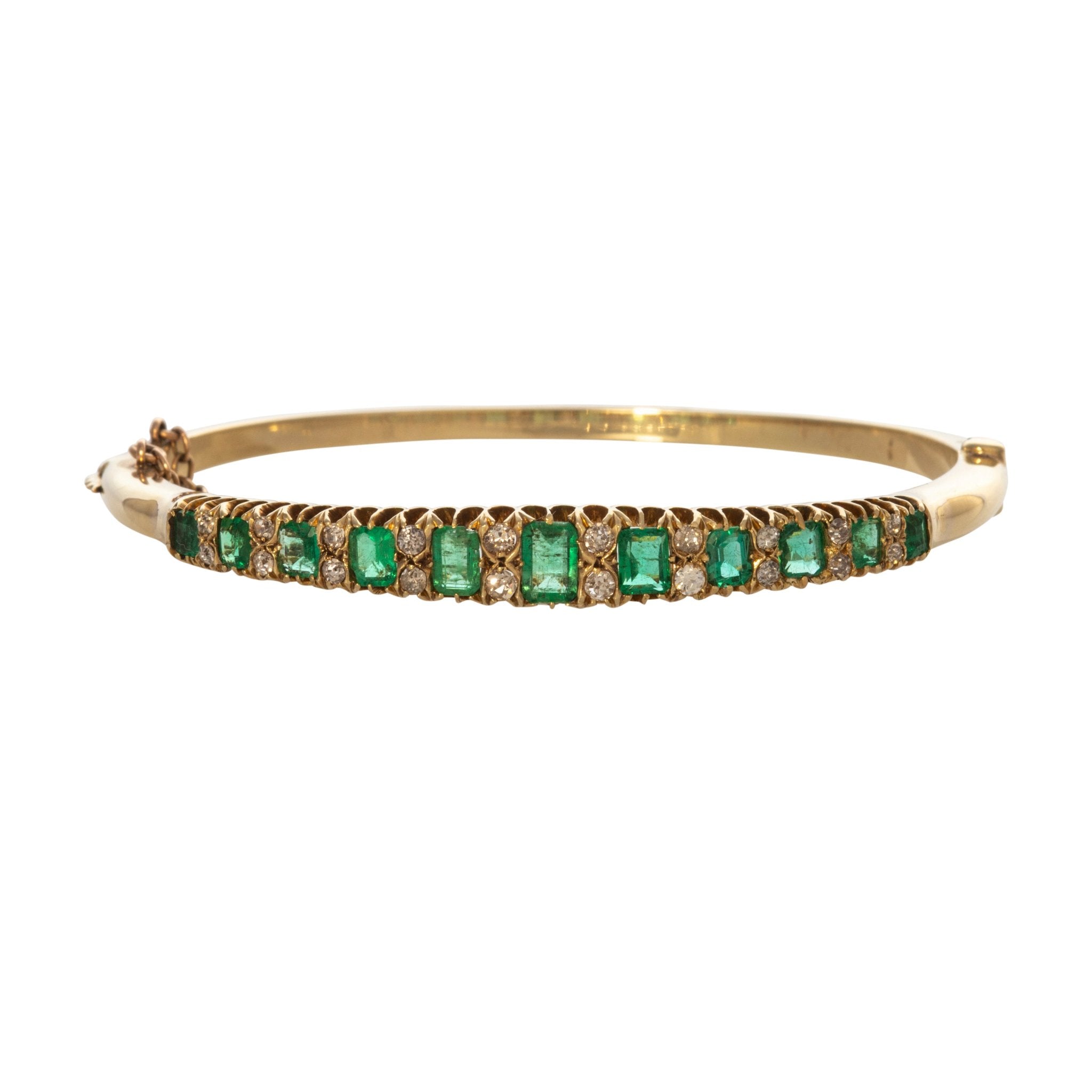 Victorian Graduated Emerald & Diamond 15K Yellow Gold Bangle