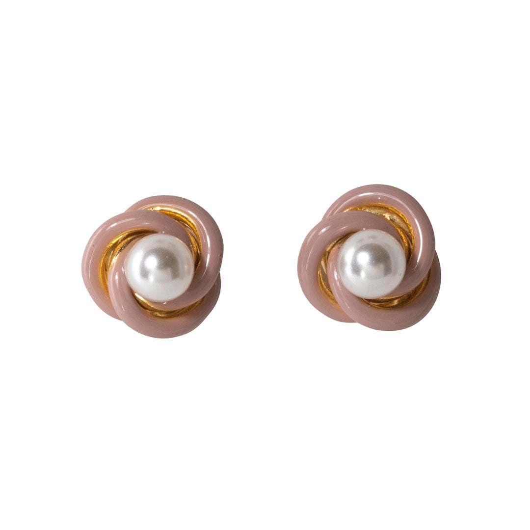 Pearl & Pink Enamel 14K Yellow Gold Love Knot Stud Earrings