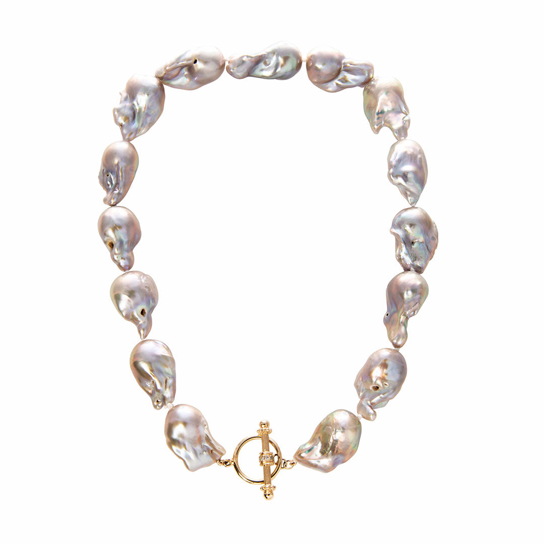 Grey Baroque Pearl 14K Gold Diamond Toggle Clasp Necklace