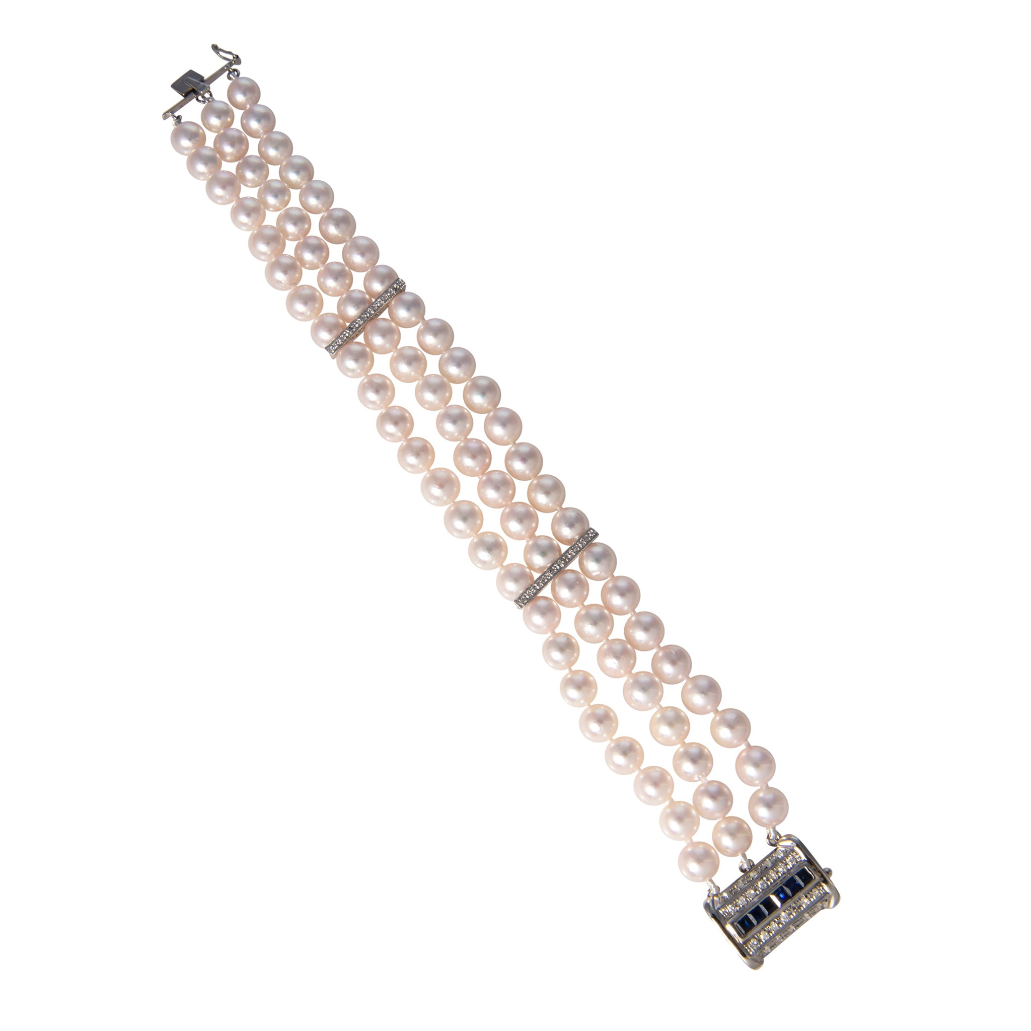 Triple-Strand Pearl, Sapphire & Diamond Clasp 14K Gold Bracelet