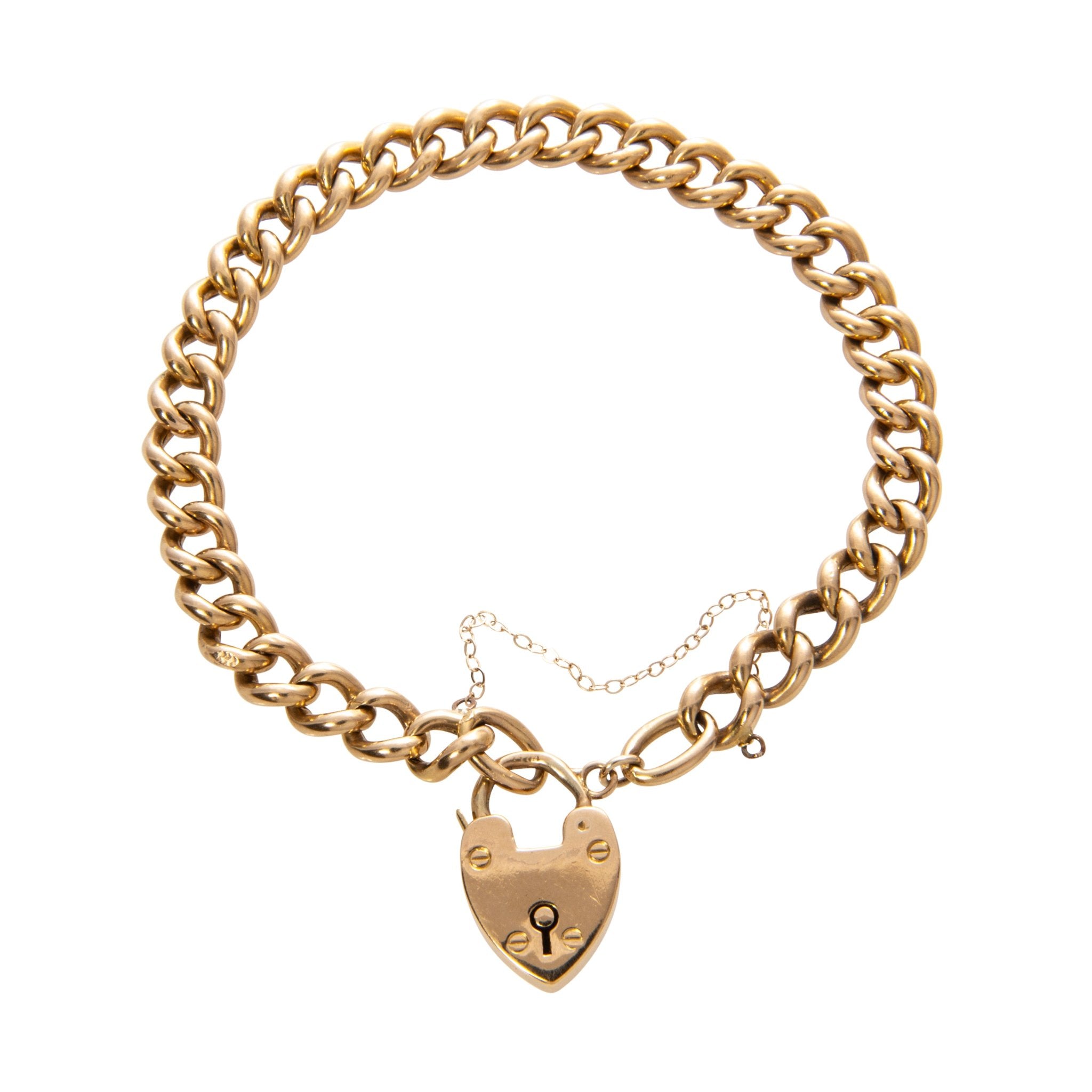 Victorian 18K Gold Heart Padlock Curb Link Bracelet