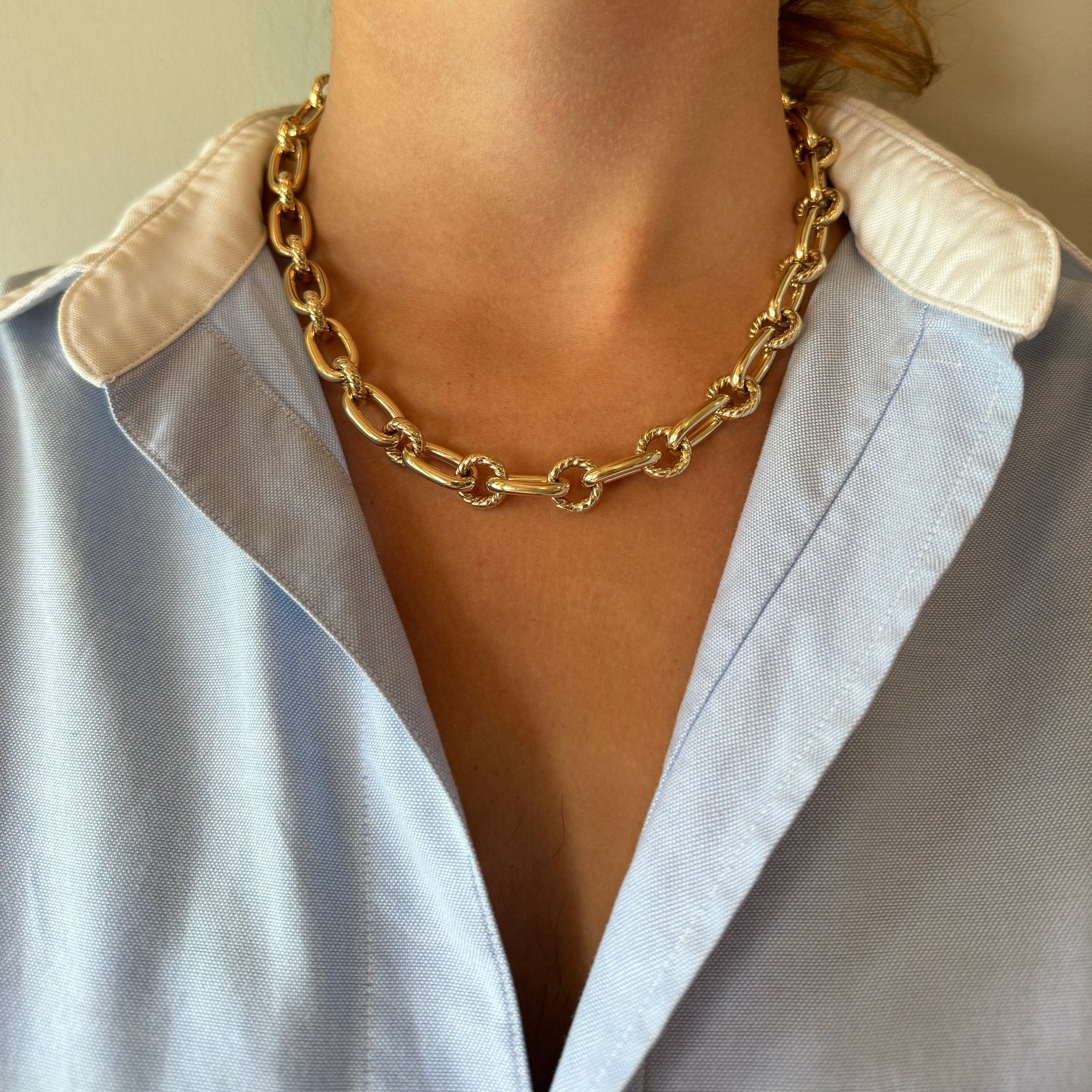 14K Yellow Gold Italian Rope & Polished Link Necklace