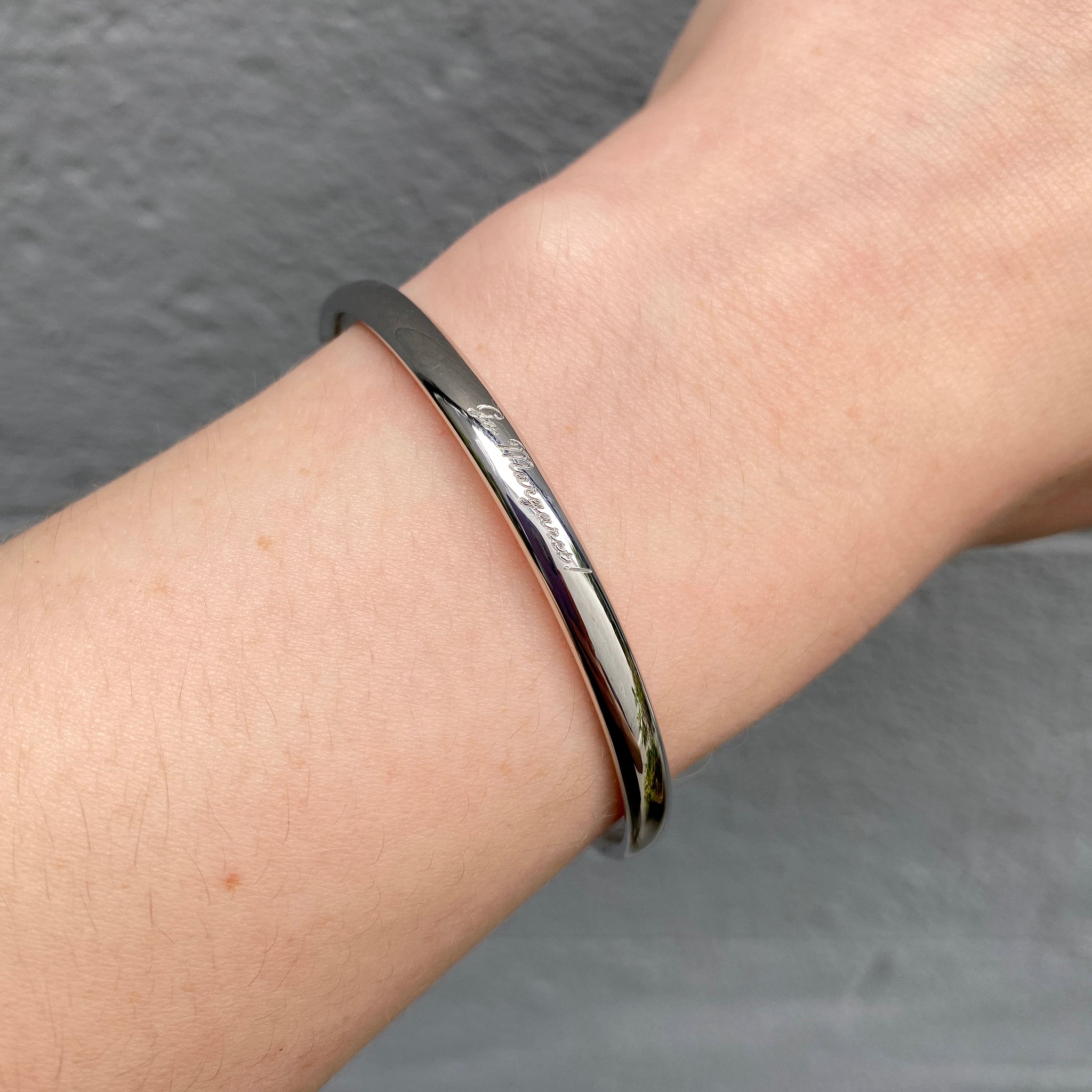 Adult Sterling Silver Plain 5mm Bangle with machine engraved name