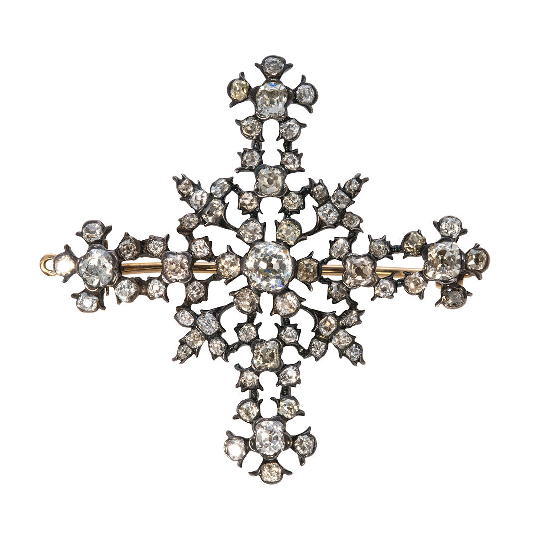 Estate Old Mine Diamond Silver 14K Gold Cross Brooch