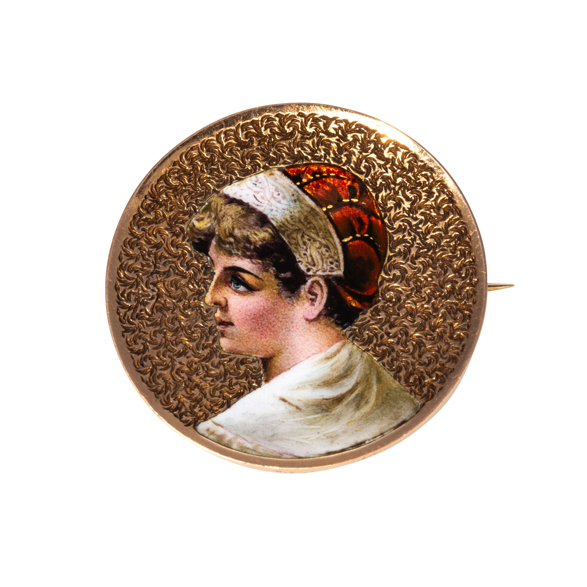 Victorian Enamel Portrait Engraved 14K Gold Pin