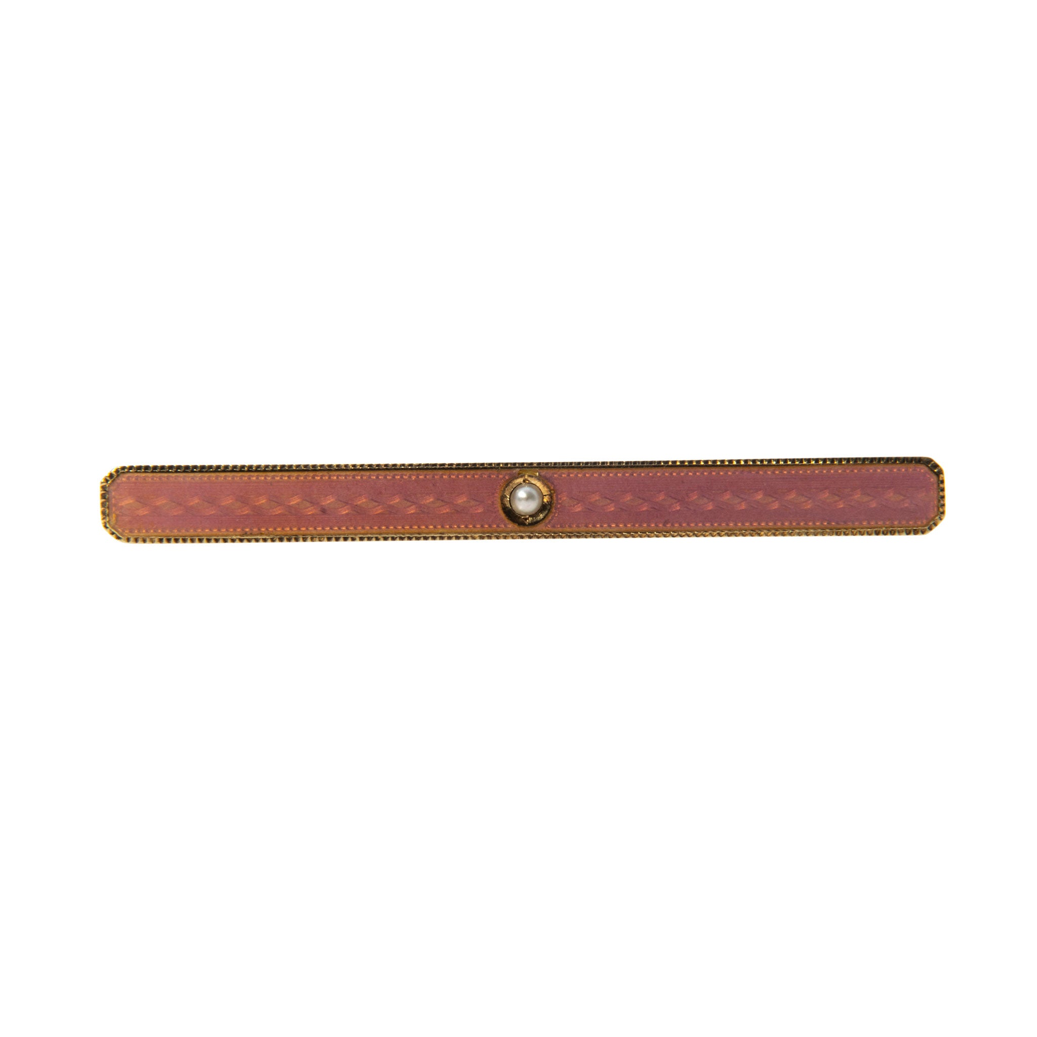 Victorian Pink Enamel Guilloché Seed Pearl 14K Gold Bar Pin