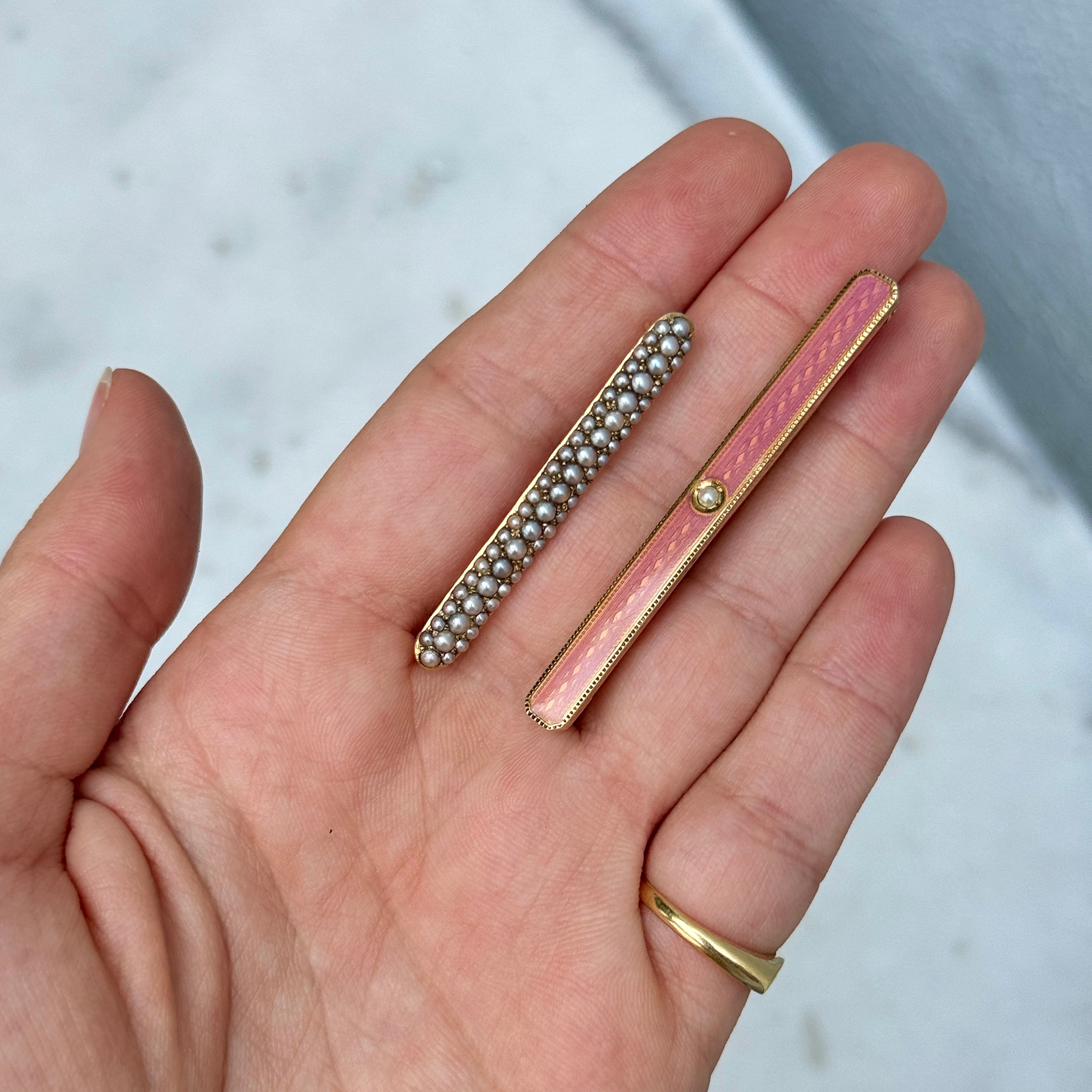 Victorian Seed Pearl Pavé 14K Gold Bar Pin, Victorian Pink Enamel Guilloché Seed Pearl 14K Gold Bar Pin