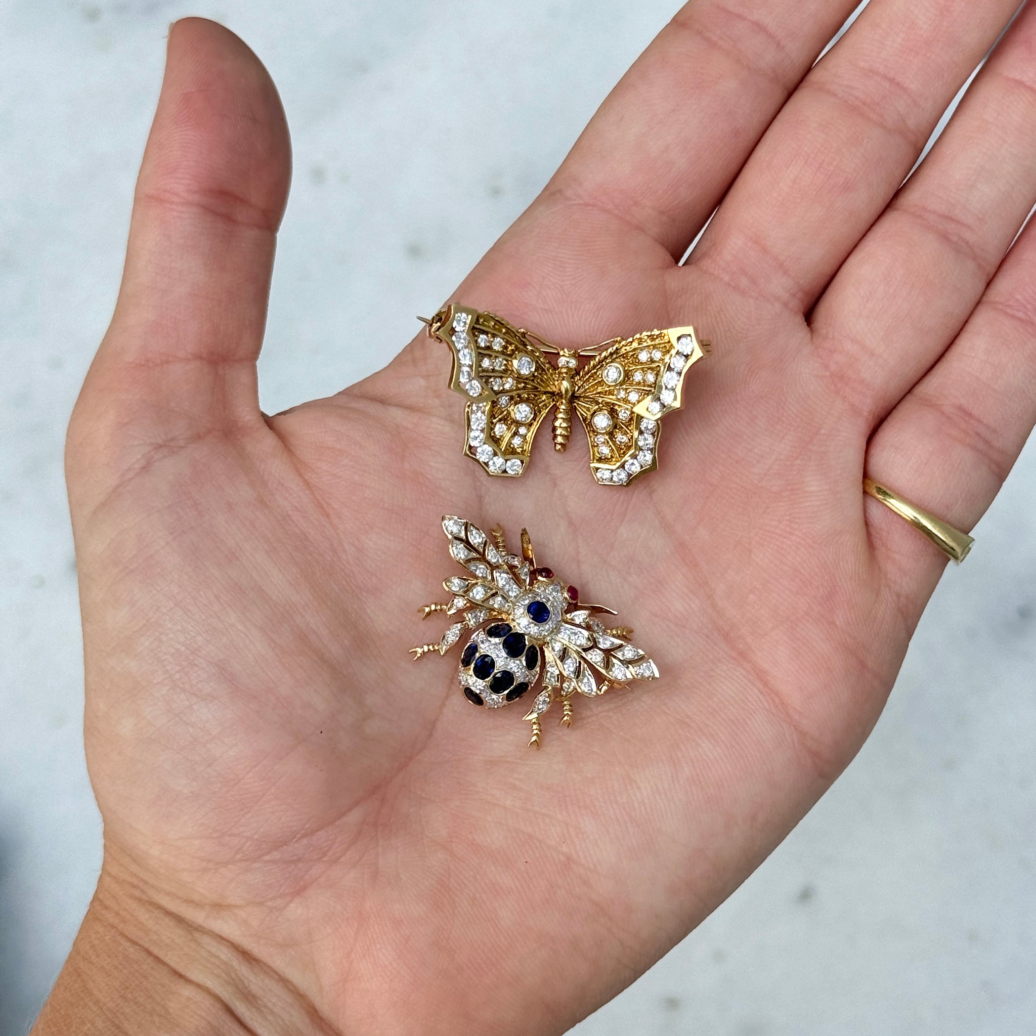 Vintage Sapphire & Diamond 18K Yellow Gold Bee Pin, Vintage Diamond 18K Yellow Gold Butterfly Pin