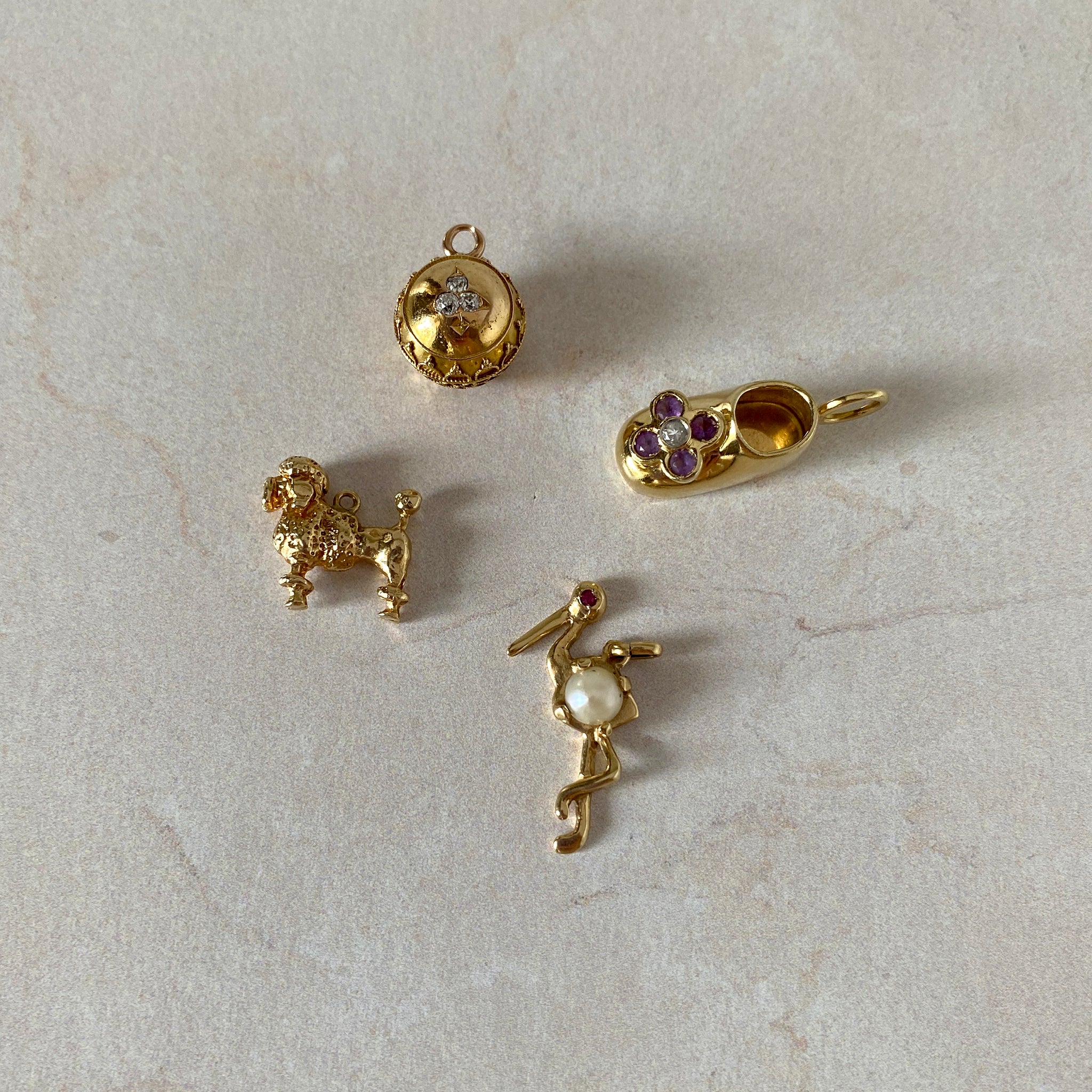 Vintage Amethyst & Diamond 14K Gold Baby Shoe Charm, Vintage Diamond 14K Yellow Gold Byzantine Charm, Vintage Pearl 14K Gold Stork Charm, Vintage 14K Gold Poodle Charm