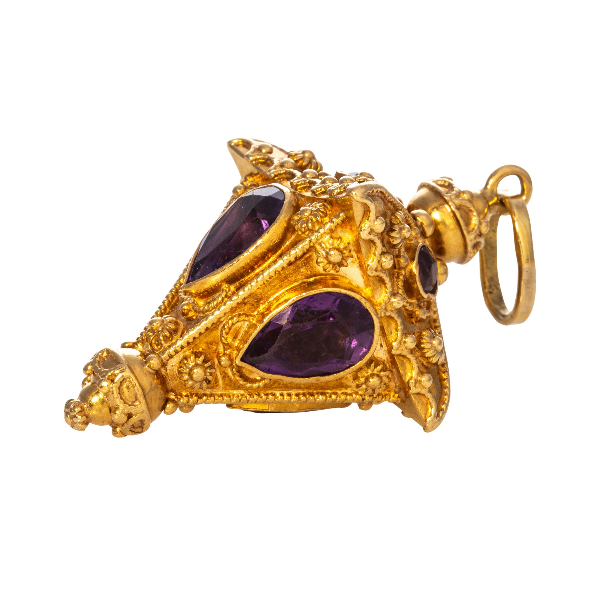 Vintage Etruscan Revival Amethyst 18K Gold Lantern Charm