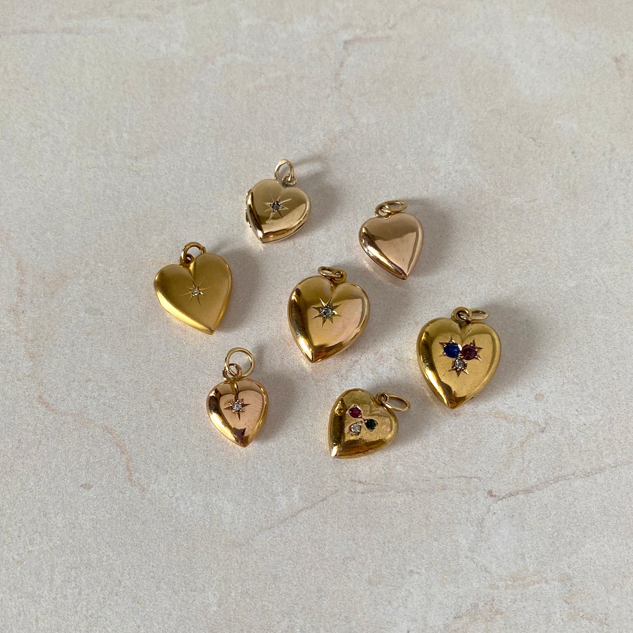 Vintage 15K Gold Puffed Heart Charm, Victorian Diamond 15K Gold Puffed Heart Charm, Victorian Diamond 15K Gold Puffed Heart Locket Charm, Victorian Diamond 10K Gold Matte Heart Locket Charm, Victorian Sapphire, Ruby & Diamond 15K Gold Puffed Heart Charm, Victorian Multi Stone Trefoil 15K Gold Puffed Heart Charm