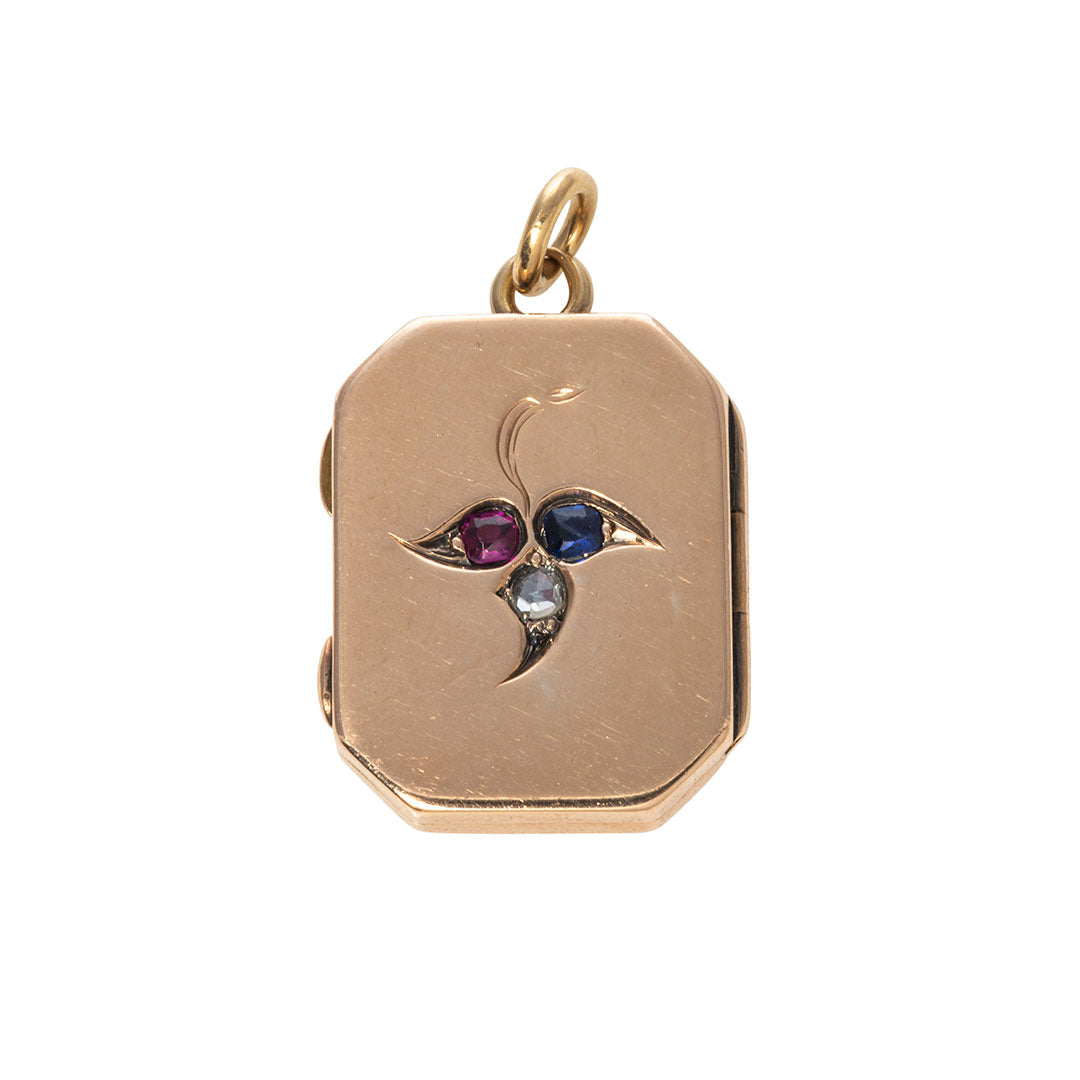 Victorian Diamond, Ruby & Sapphire Trefoil 9K Gold Locket Pendant