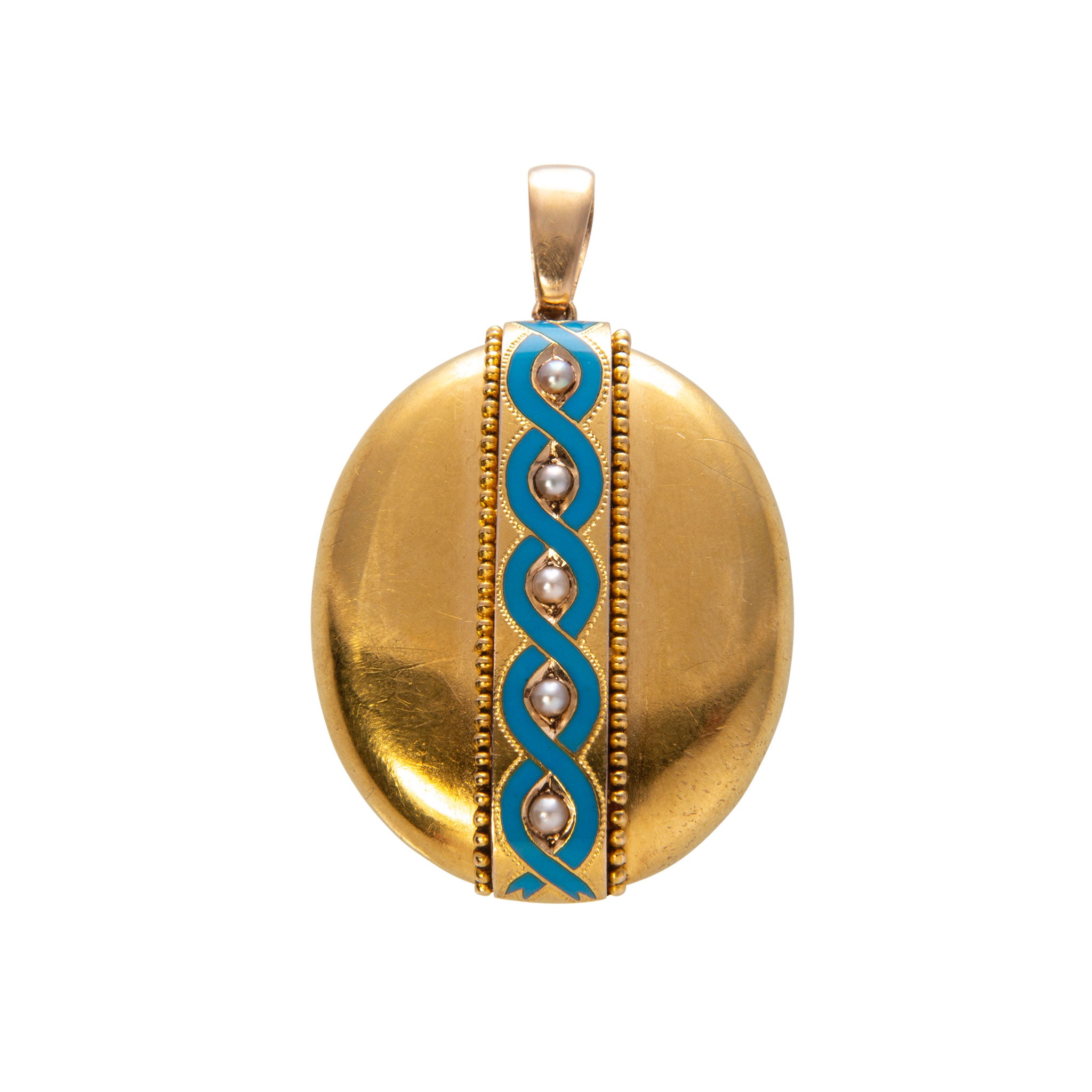 Victorian Pearl & Enamel 18K Yellow Gold Oval Locket Pendant