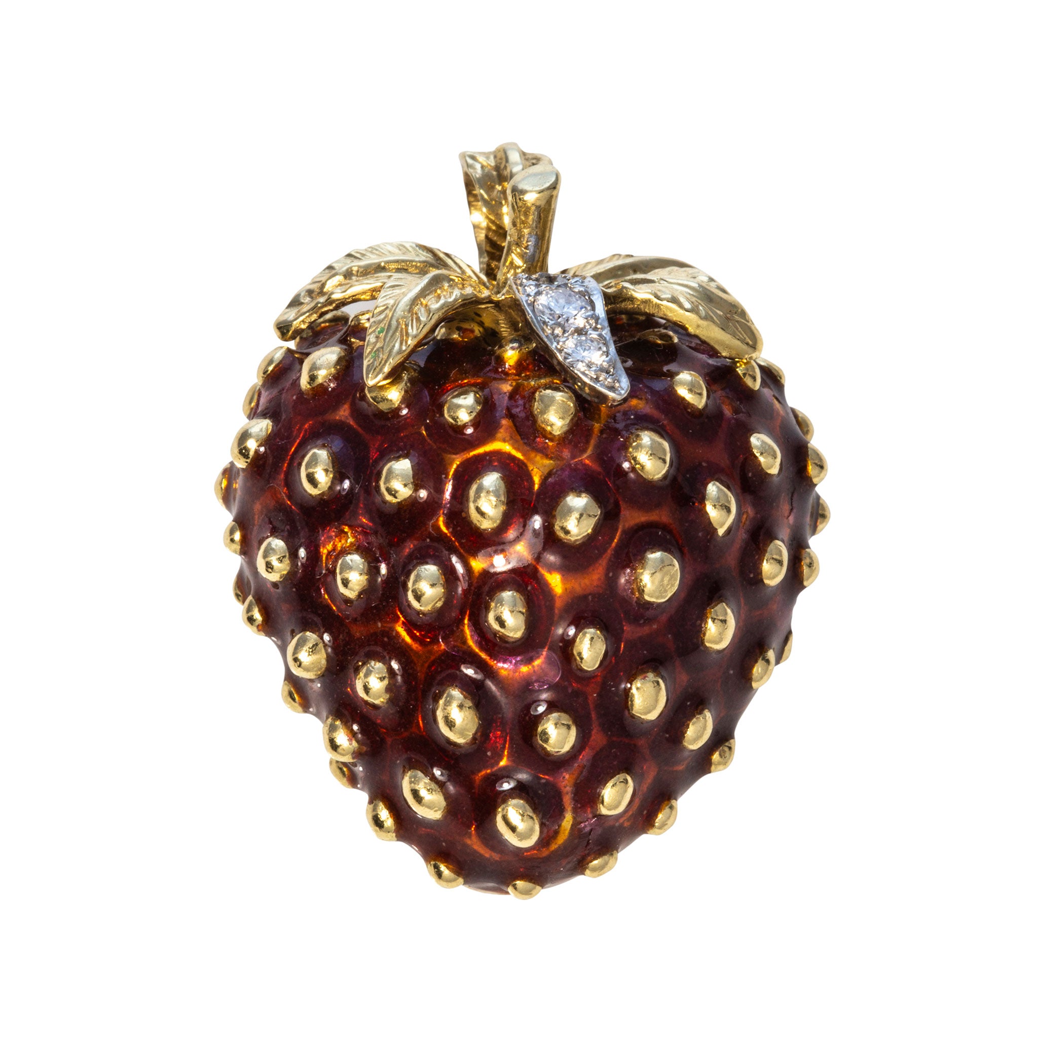 Vintage Enamel Diamond 18K Gold Strawberry Pendant