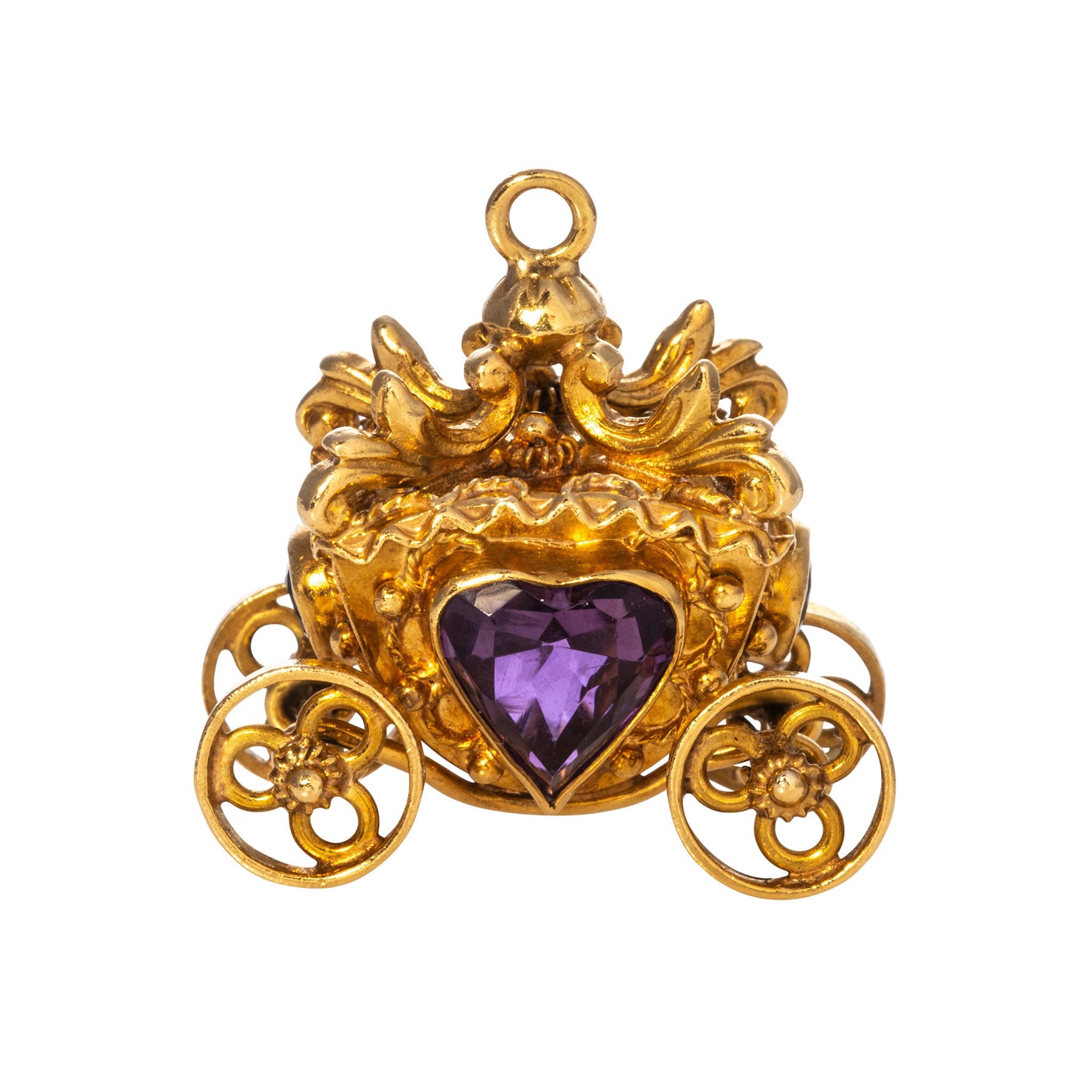 Vintage Etruscan Revival Amethyst 18K Gold Carriage Charm