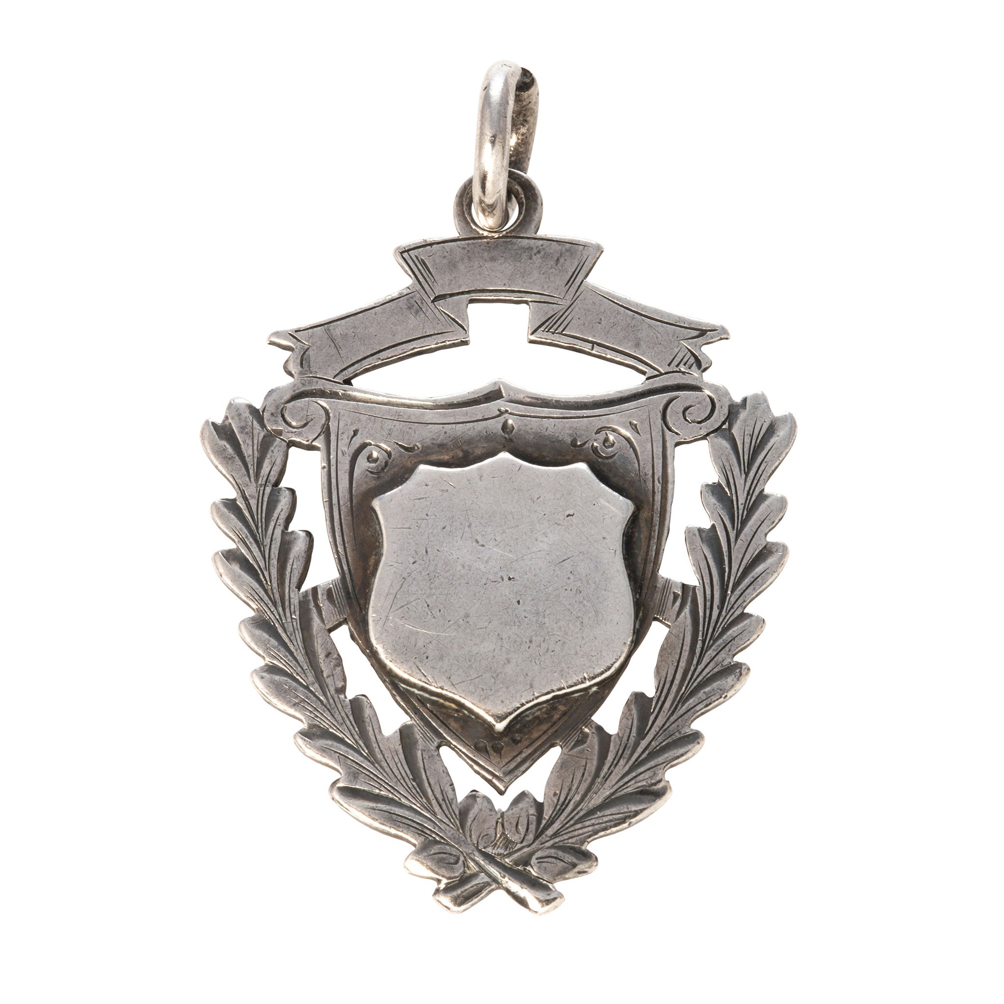 Edwardian Sterling Silver Engraved Shield Medal Fob Pendant