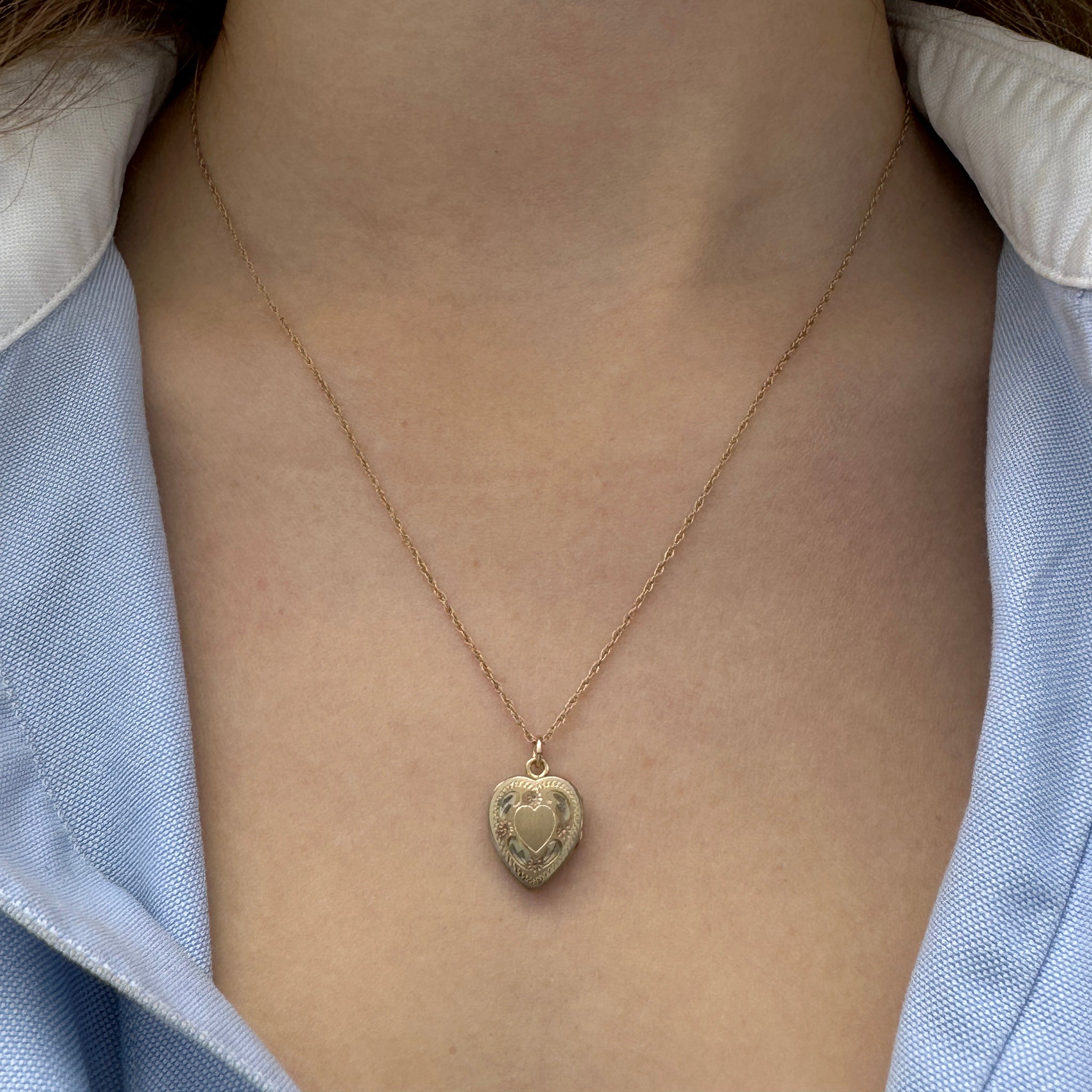 Vintage Gold-Filled Small Floral Heart Locket Pendant Necklace