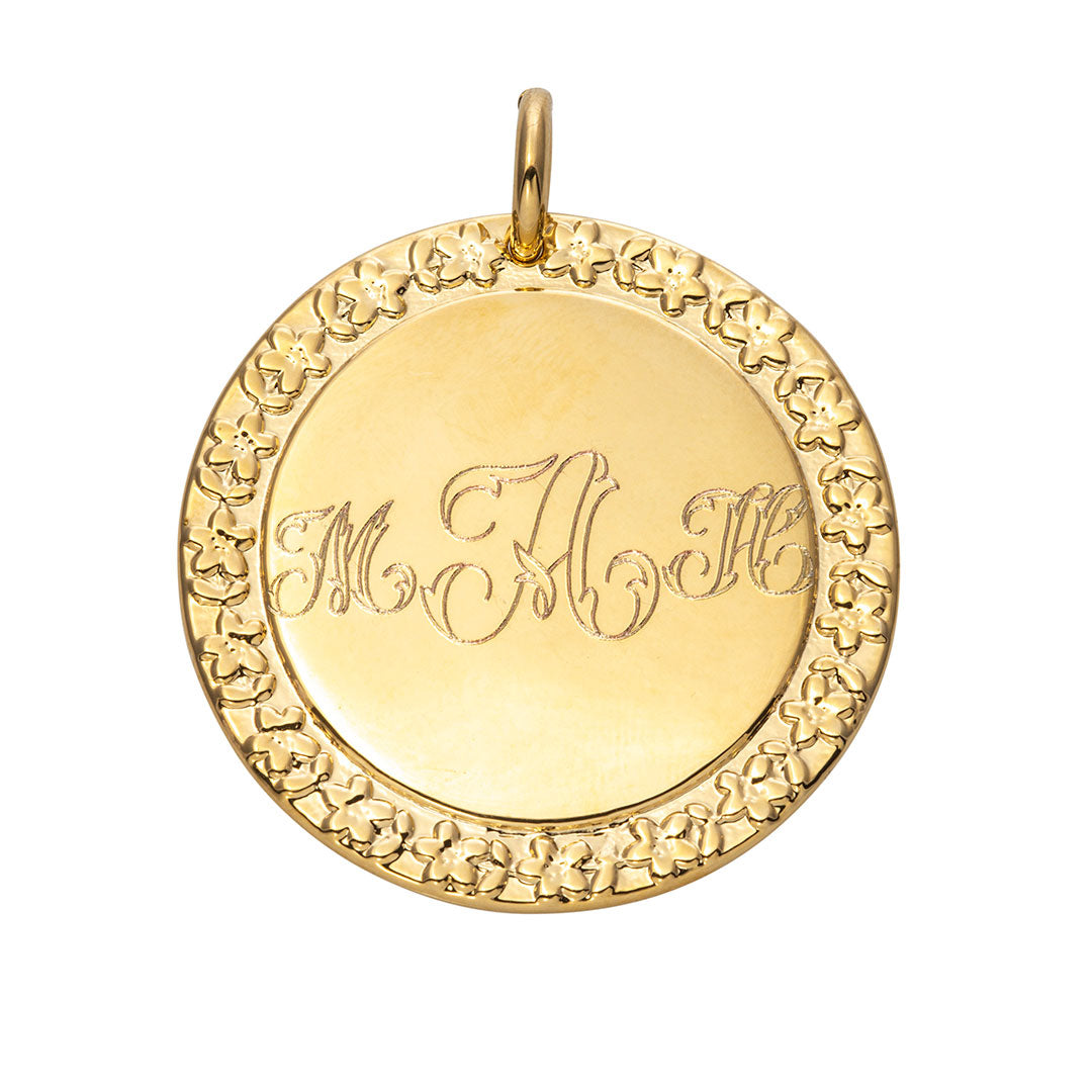 Goldbug Forget Me Not Large Disc Pendant Floral Font Monogram