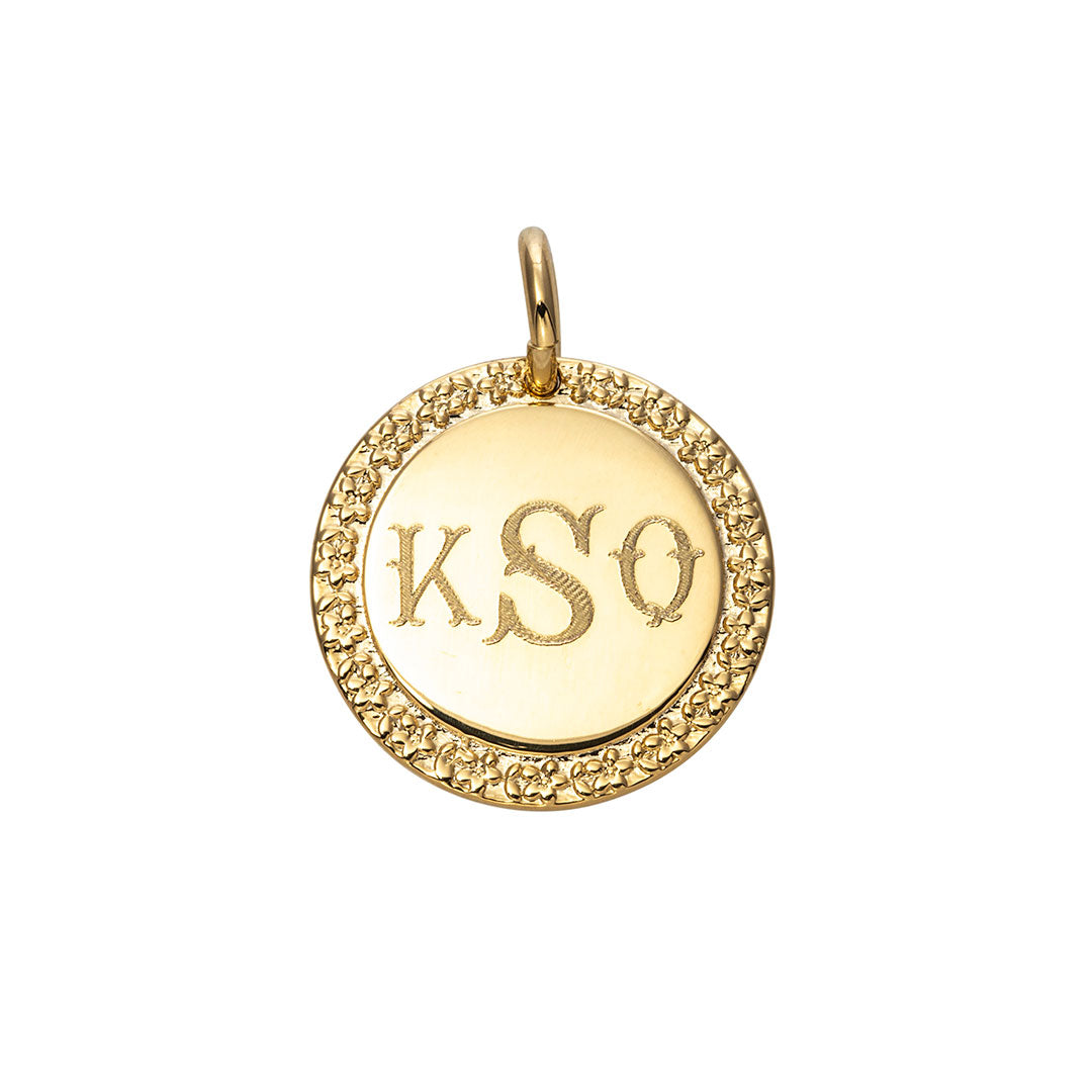 Goldbug Forget Me Not Small Disc Pendant Scalloped Font Monogram