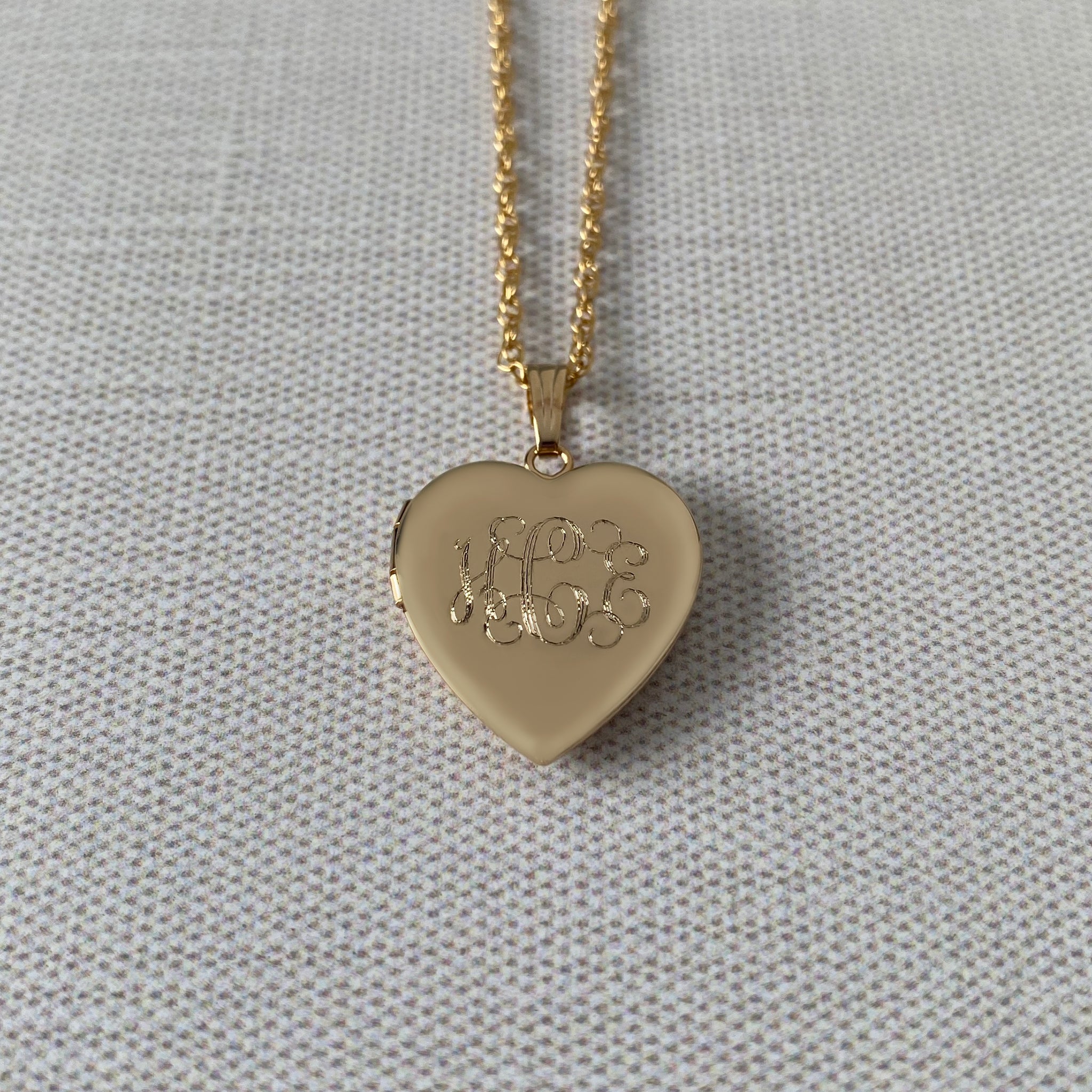 14K Gold Filled 19mm Heart Locket Necklace with machine engraved interlocking script monogram