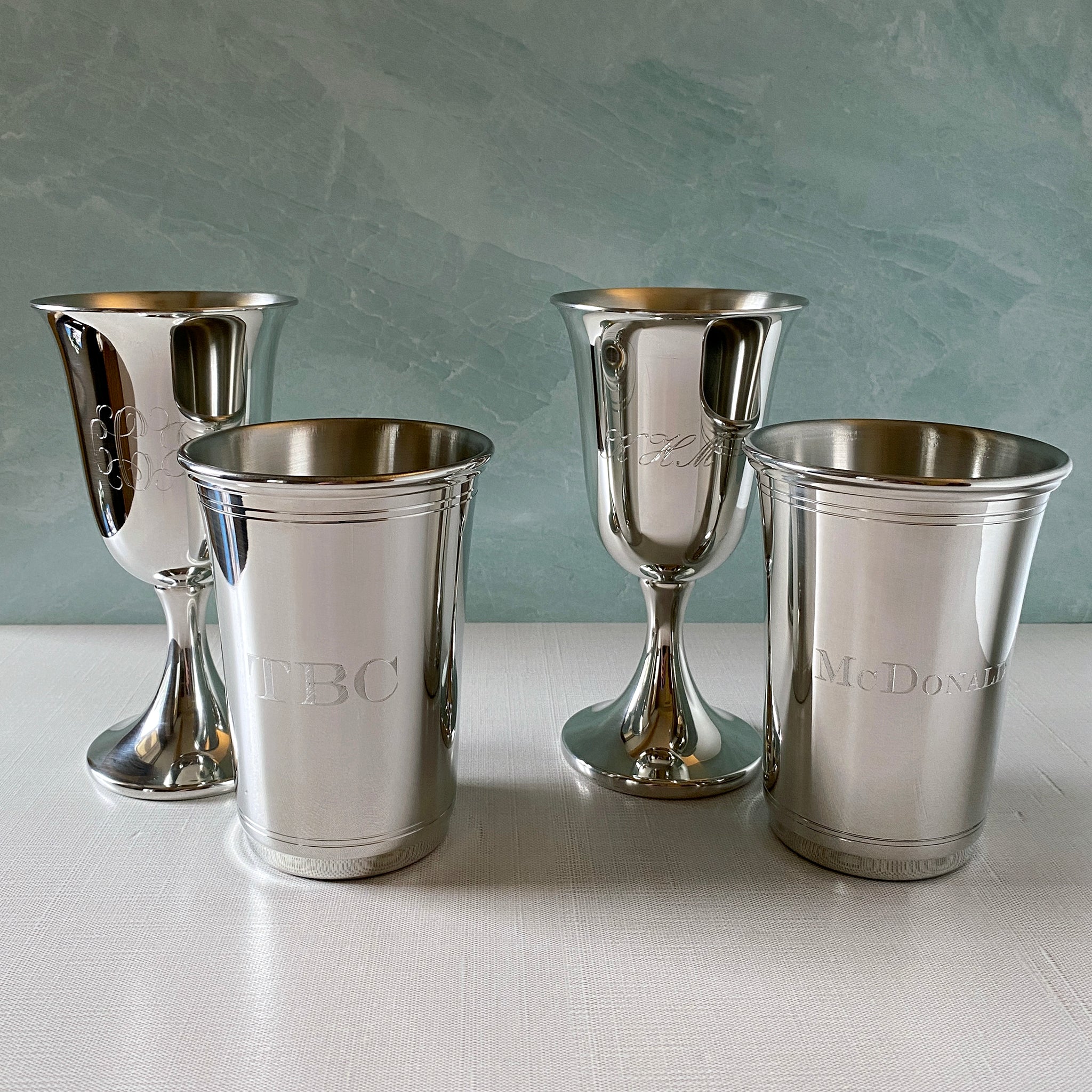 Pewter Water Goblet 9oz and Pewter Carolina Julep Cup 16oz engraved for bride and groom