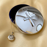 Silver Plated Round Cross Box with machine engraved Interlocking Script Monogram