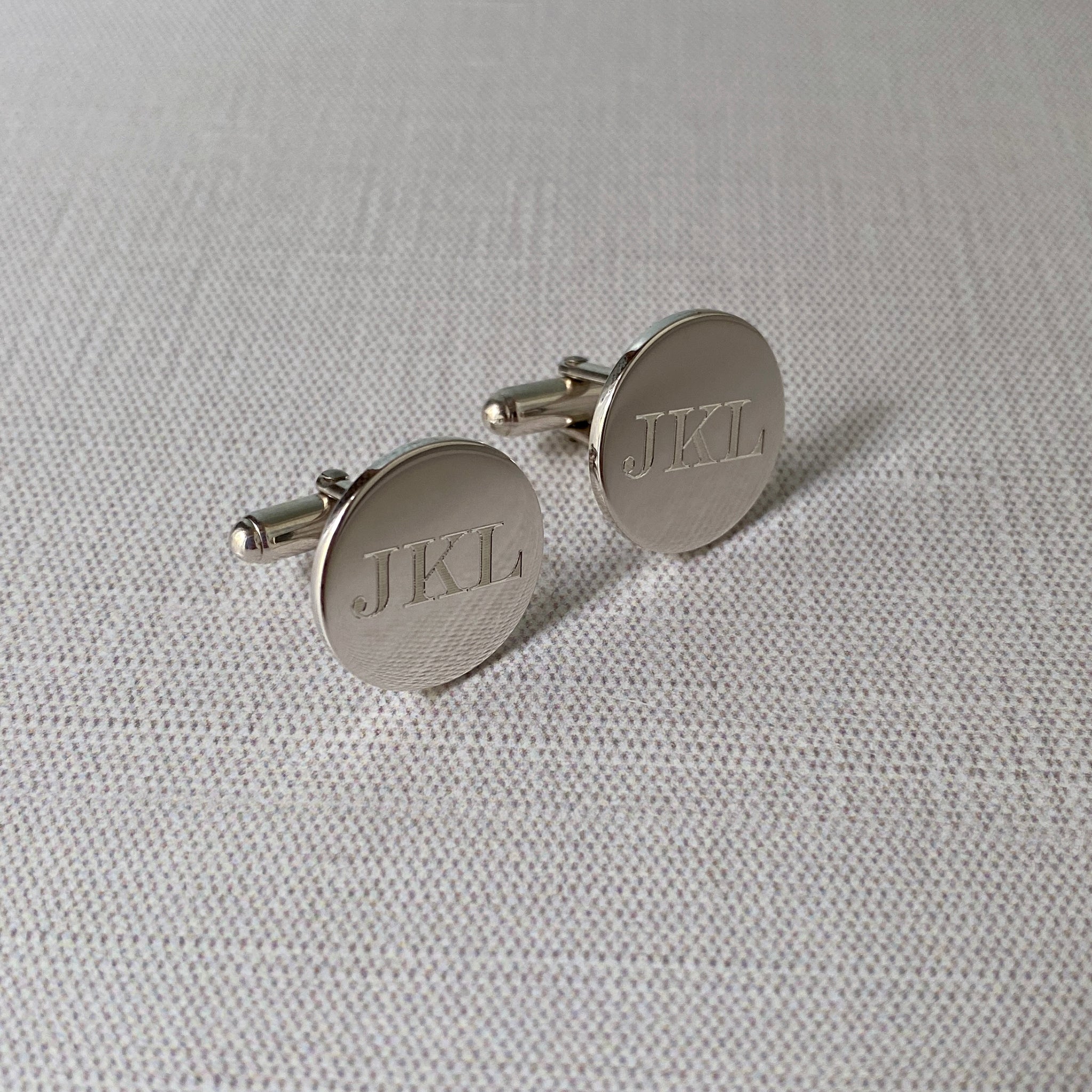 Sterling Silver Plain Round Cufflinks with machine engraved block initials