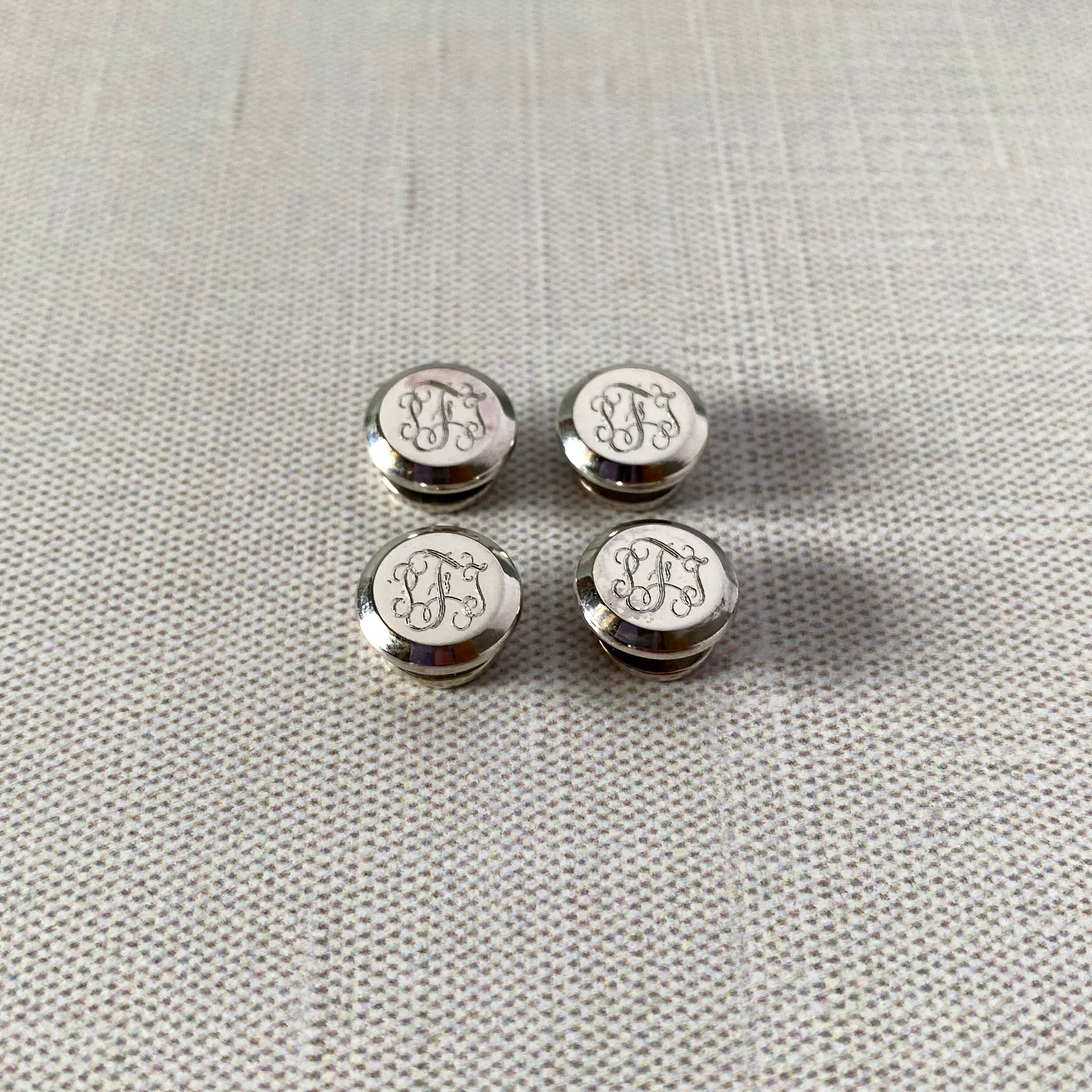 Sterling Silver Round Bevel Edge Shirt Studs with machine engraved monogram