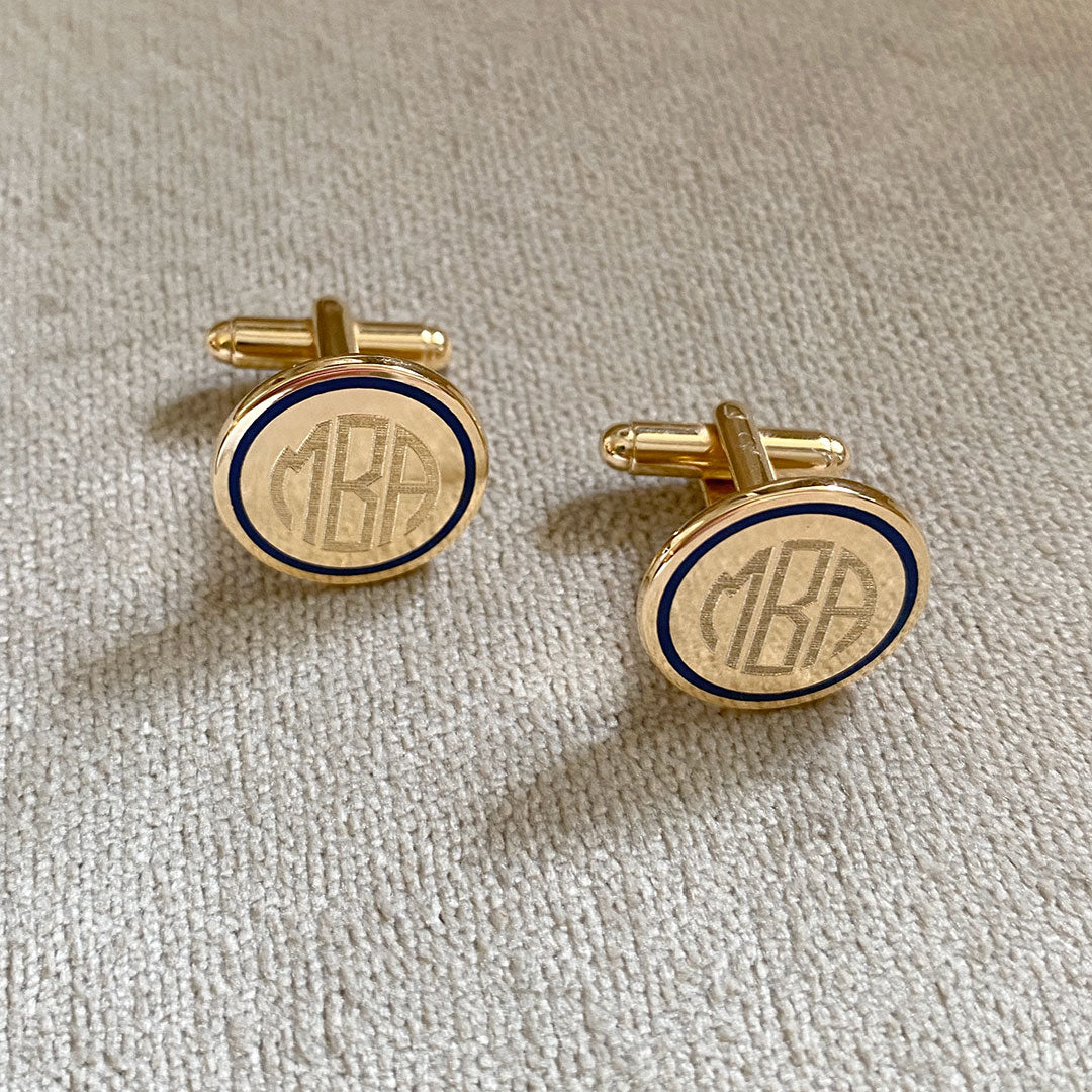 Gold Plated Blue Enamel Trim Round Cufflinks with machine engraving