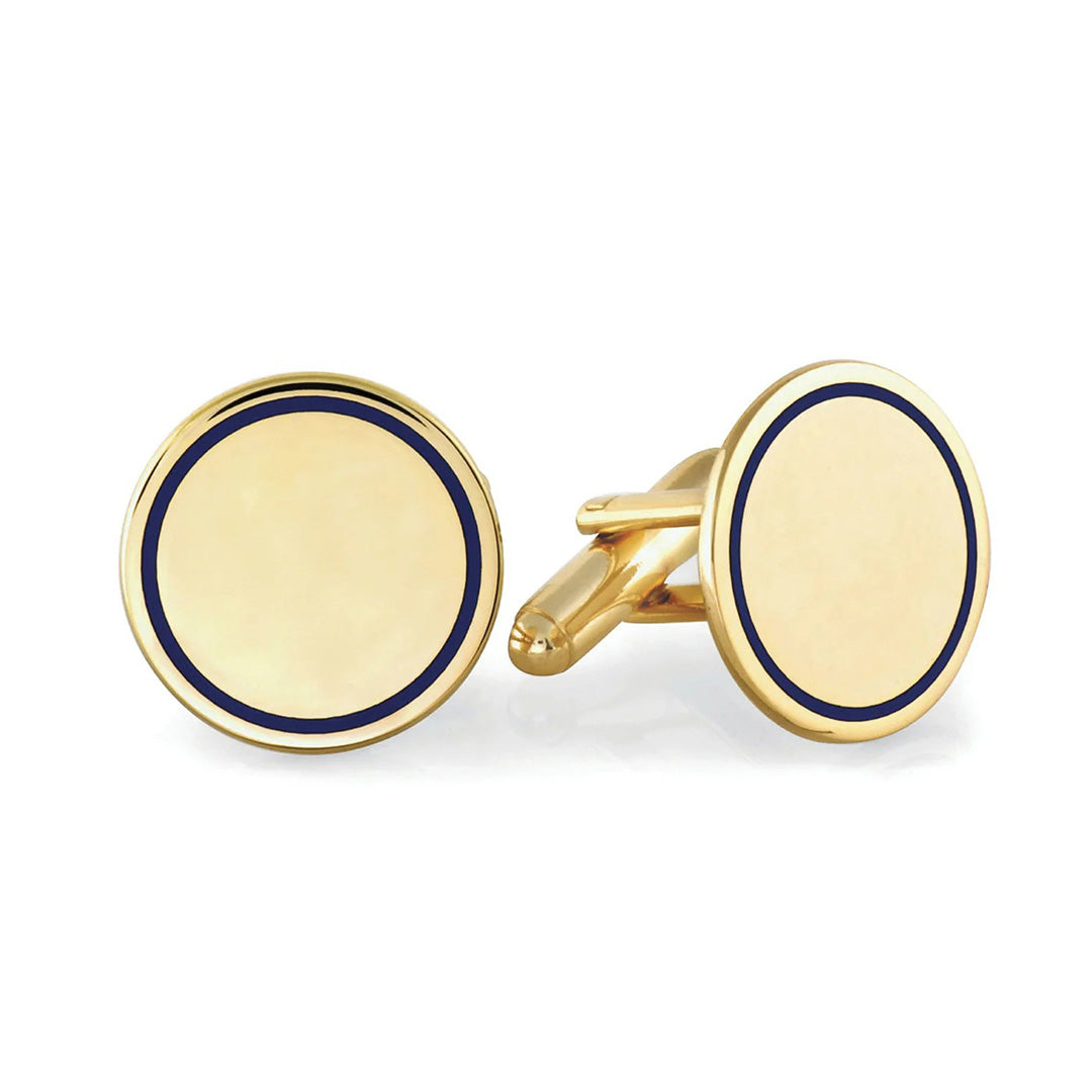 Gold Plated Blue Enamel Trim Round Cufflinks