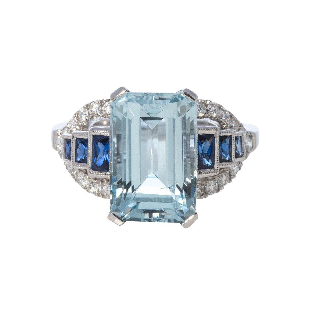 Aquamarine, Sapphire & Diamond 18K White Gold Ring