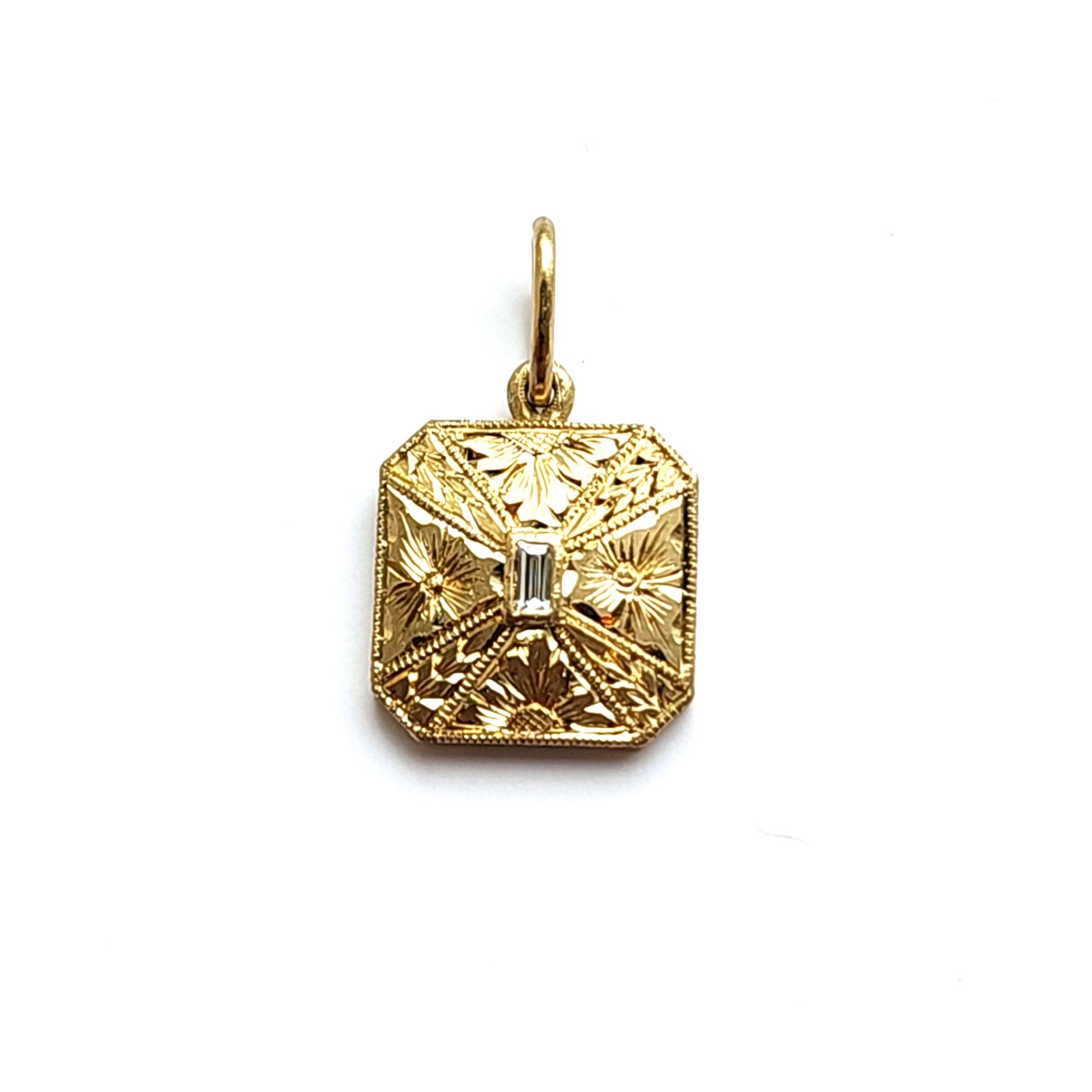 Erica Molinari 18K Gold Hand Engraved Medium Square Baguette Diamond Charm